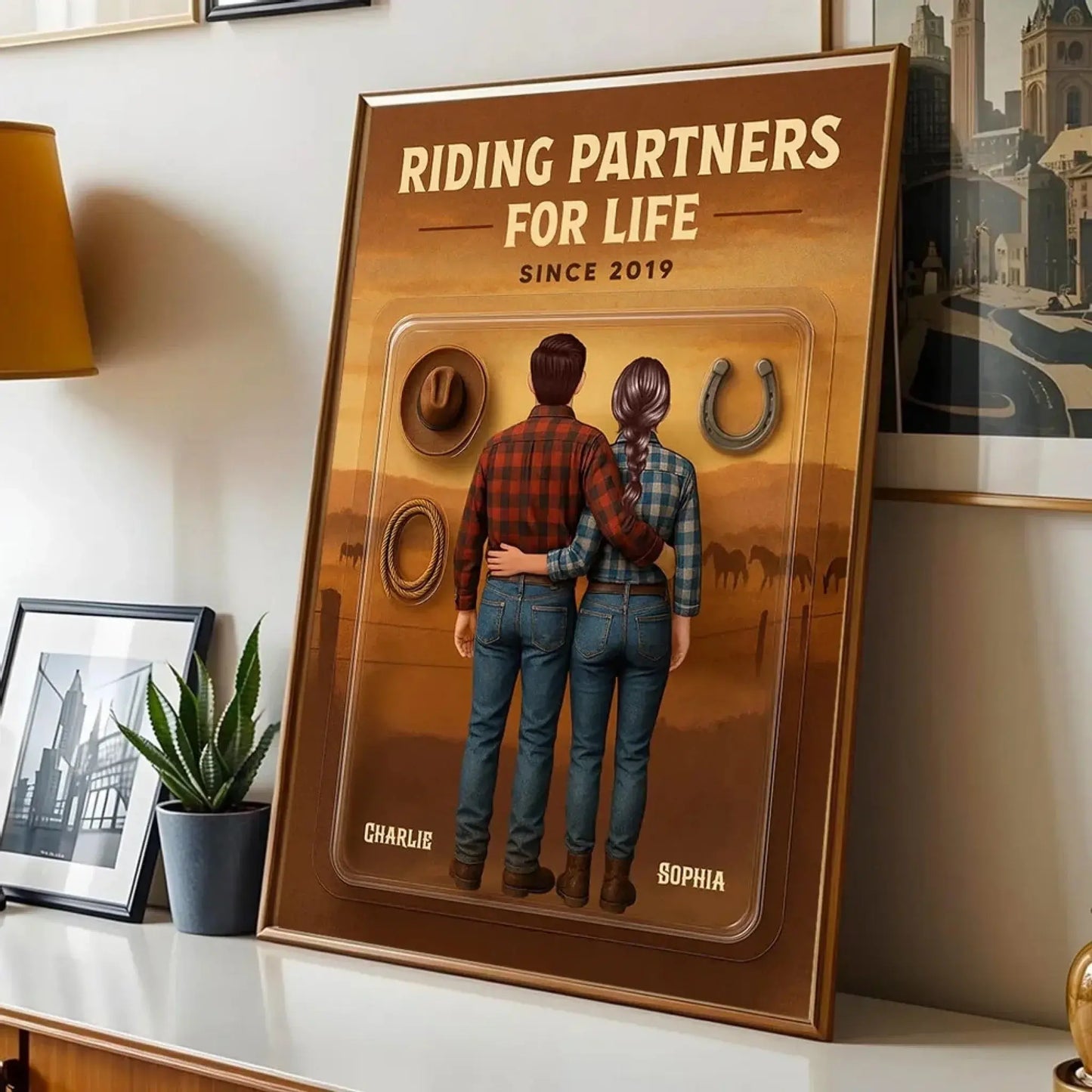 3D Effect Custom Horse Riding Couple Poster – Personalized Cowboy & Cowgirl Wall Art, Riding Partners For Life Gift Ezcustomize