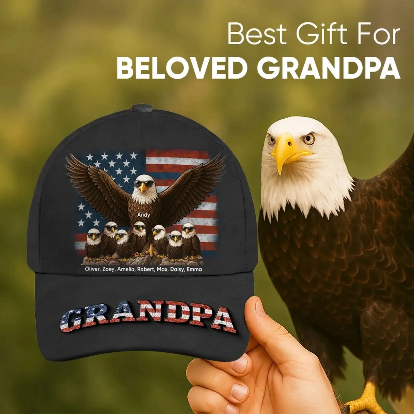 3D Effect Eagle Dad & Grandpa Cap – Personalized Classic Hat – Perfect 2025 Father’s Day Gift for Dad, Husband, or Grandpa Ezcustomize