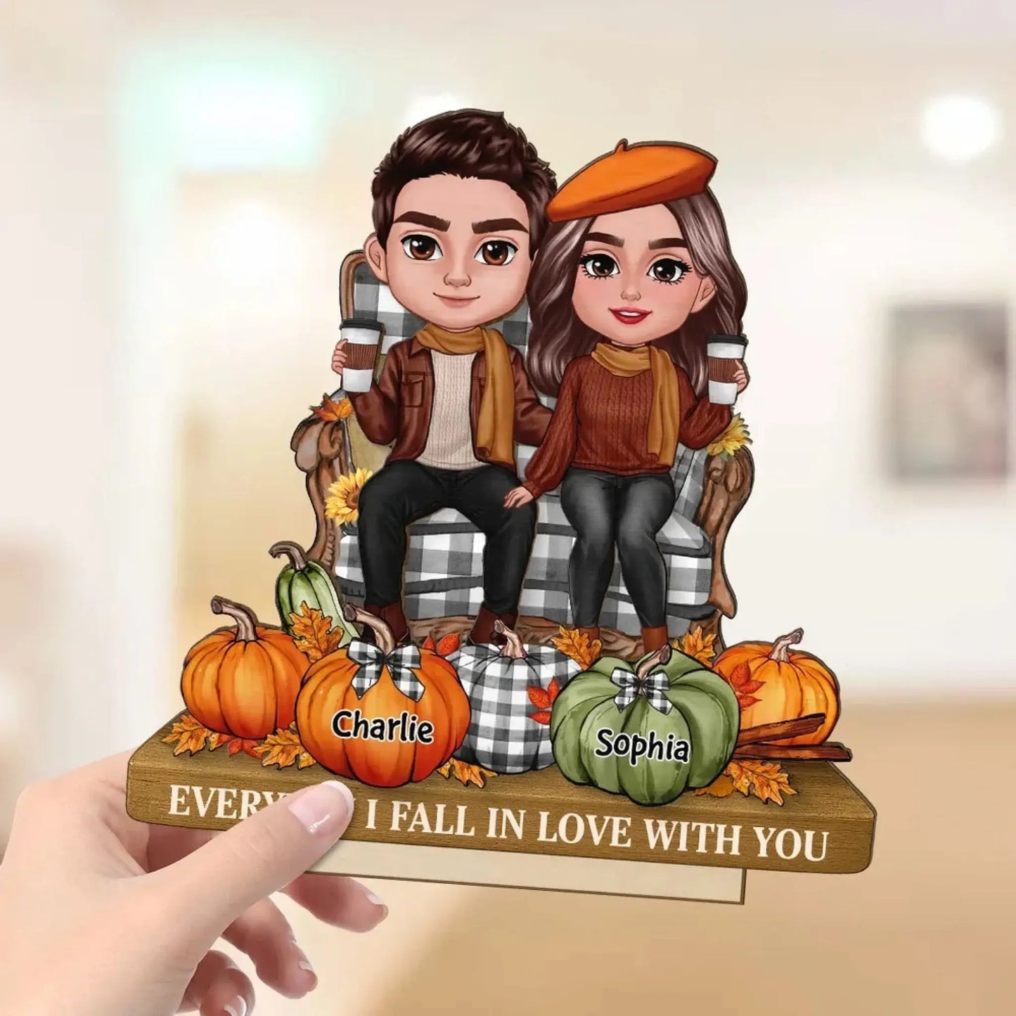 3D Effect Fall Couple Sitting with Pumpkins – Personalized 2-Layer Wooden Plaque Gift with Names – Cute Autumn Decor for Couples Ezcustomize