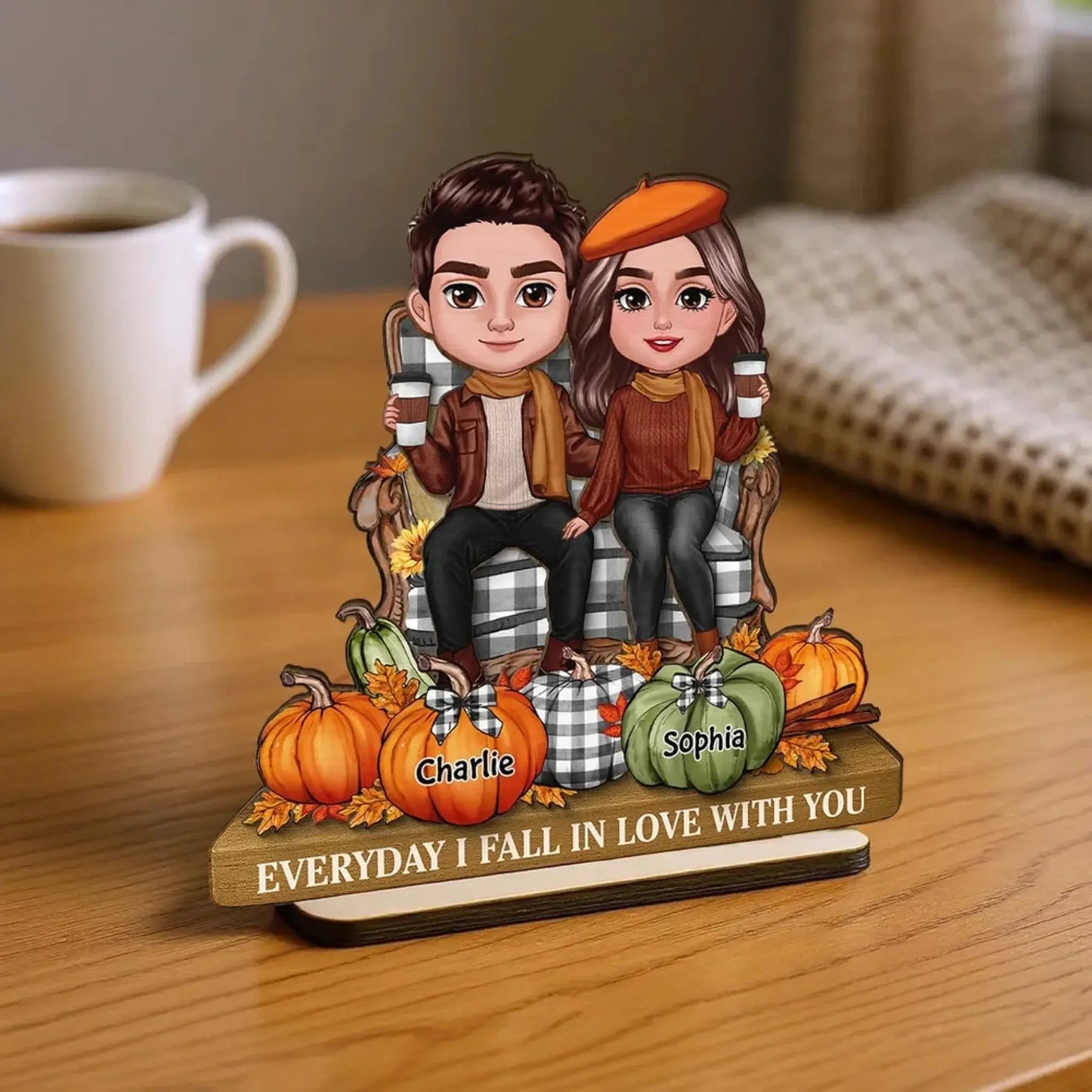 3D Effect Fall Couple Sitting with Pumpkins – Personalized 2-Layer Wooden Plaque Gift with Names – Cute Autumn Decor for Couples Ezcustomize