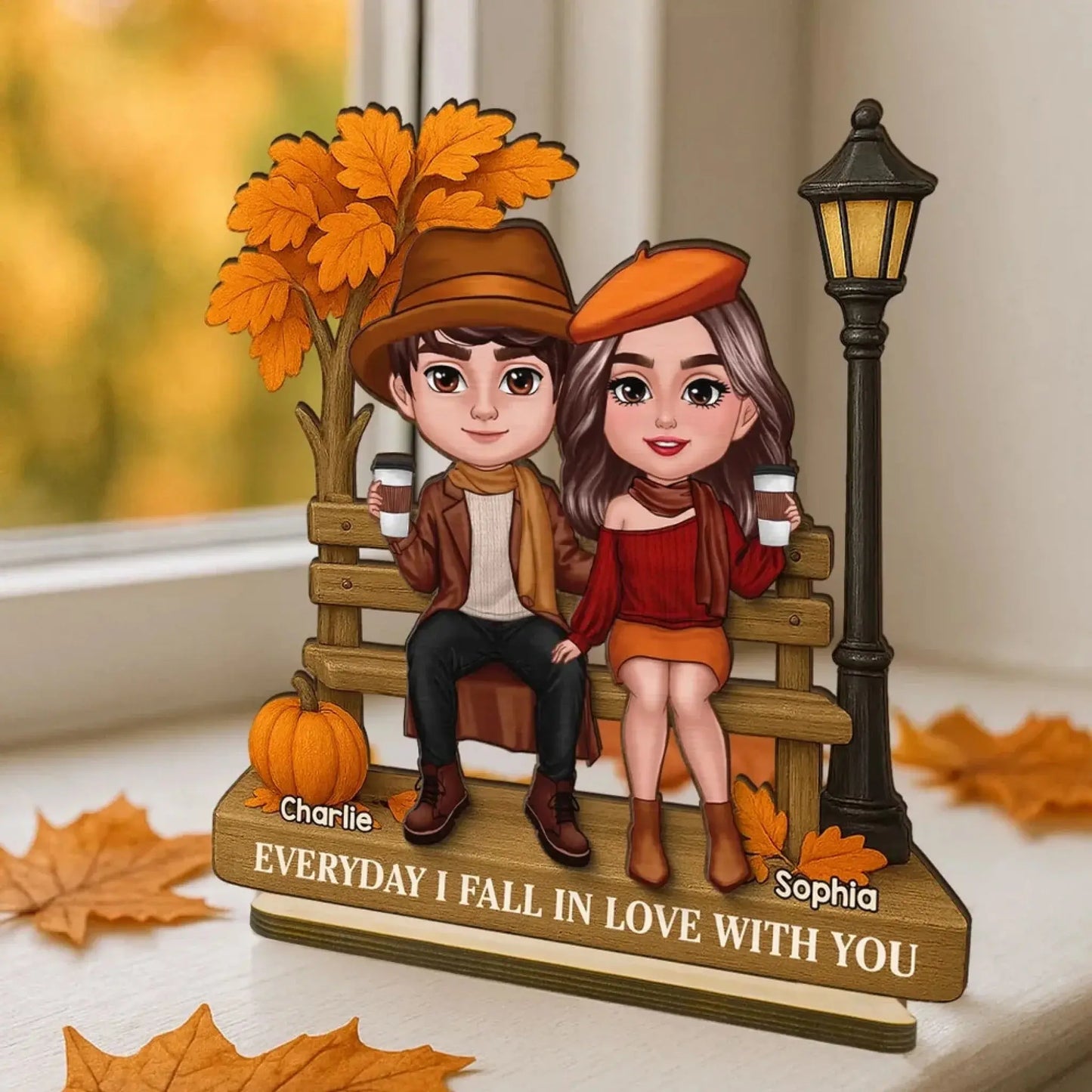 3D Effect Fall Season Couple Plaque – Personalized 2-Layer Wooden Gift with Names – Custom Autumn Decor for Him Her Ezcustomize