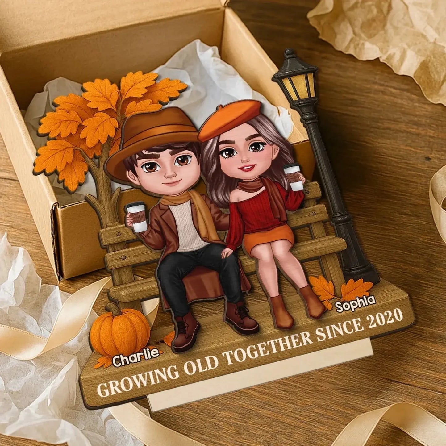 3D Effect Fall Season Couple Plaque – Personalized 2-Layer Wooden Gift with Names – Custom Autumn Decor for Him Her Ezcustomize