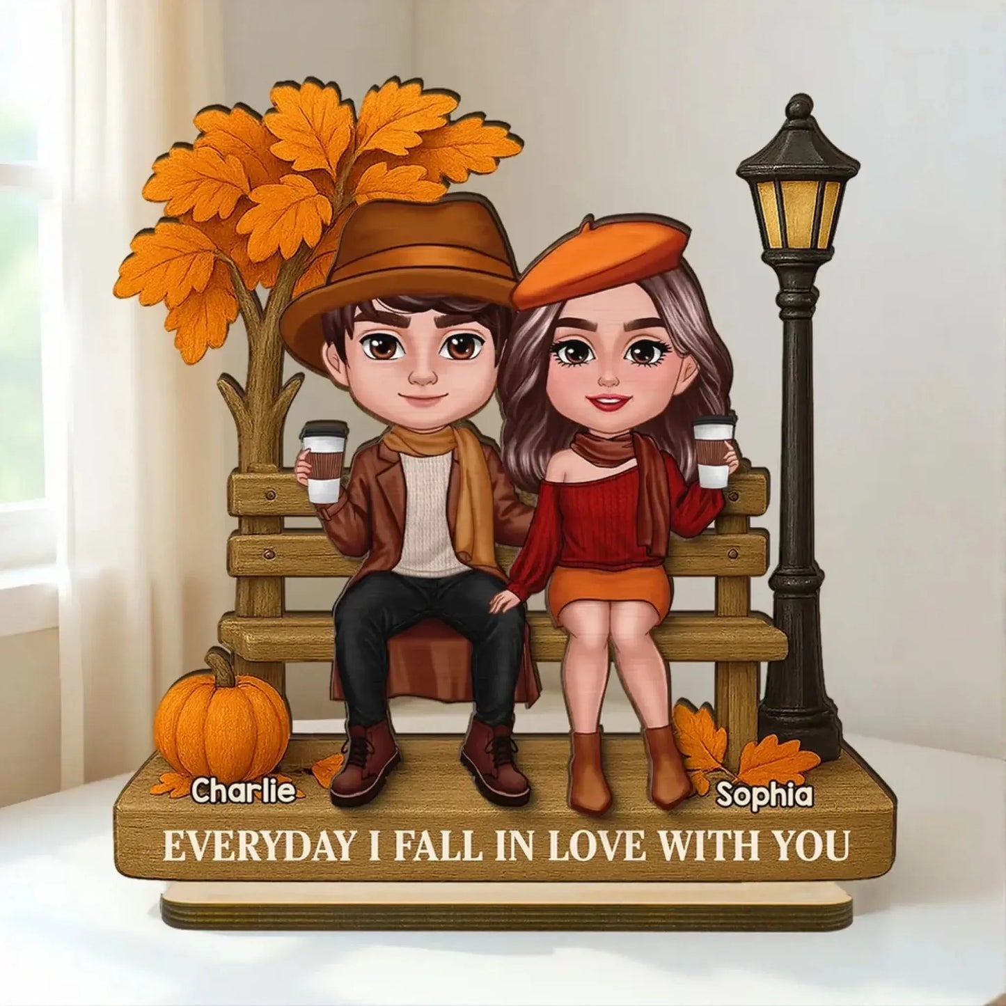 3D Effect Fall Season Couple Plaque – Personalized 2-Layer Wooden Gift with Names – Custom Autumn Decor for Him Her Ezcustomize