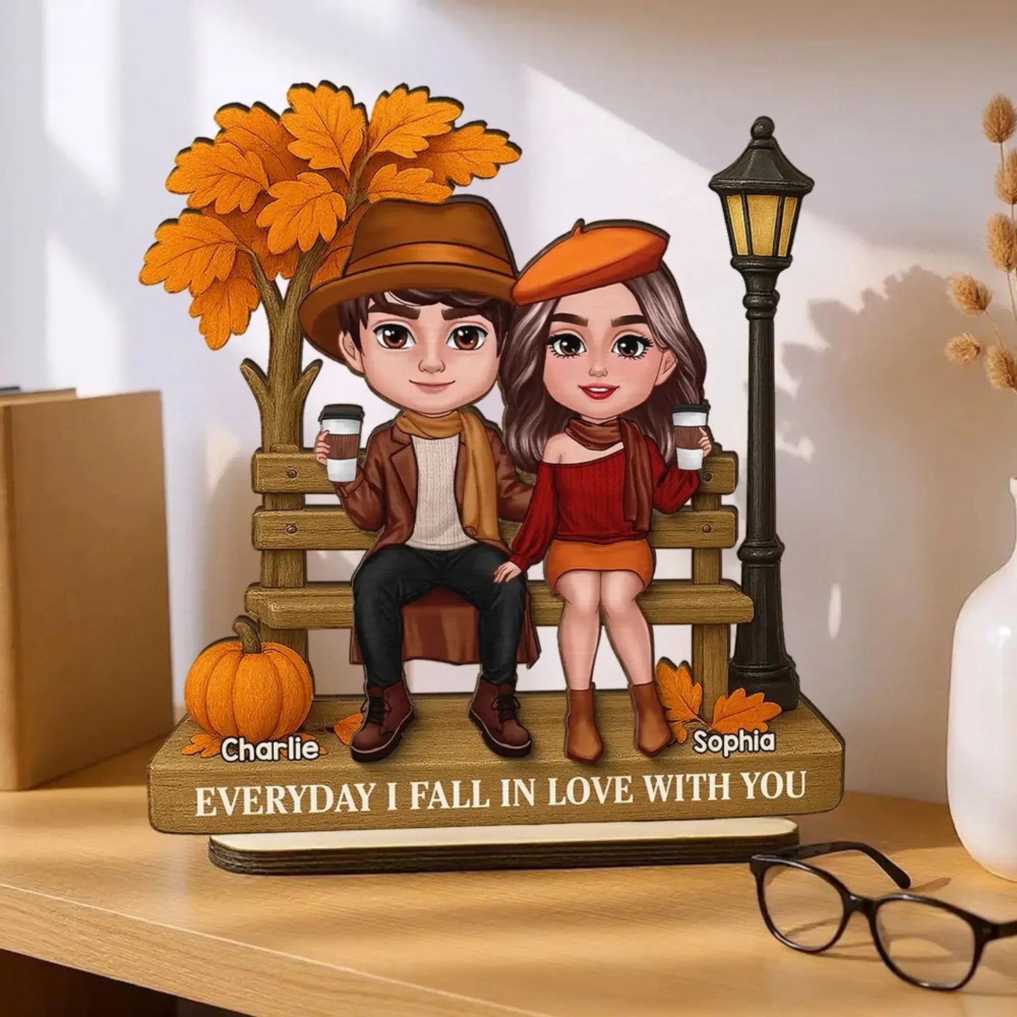 3D Effect Fall Season Couple Plaque – Personalized 2-Layer Wooden Gift with Names – Custom Autumn Decor for Him Her Ezcustomize