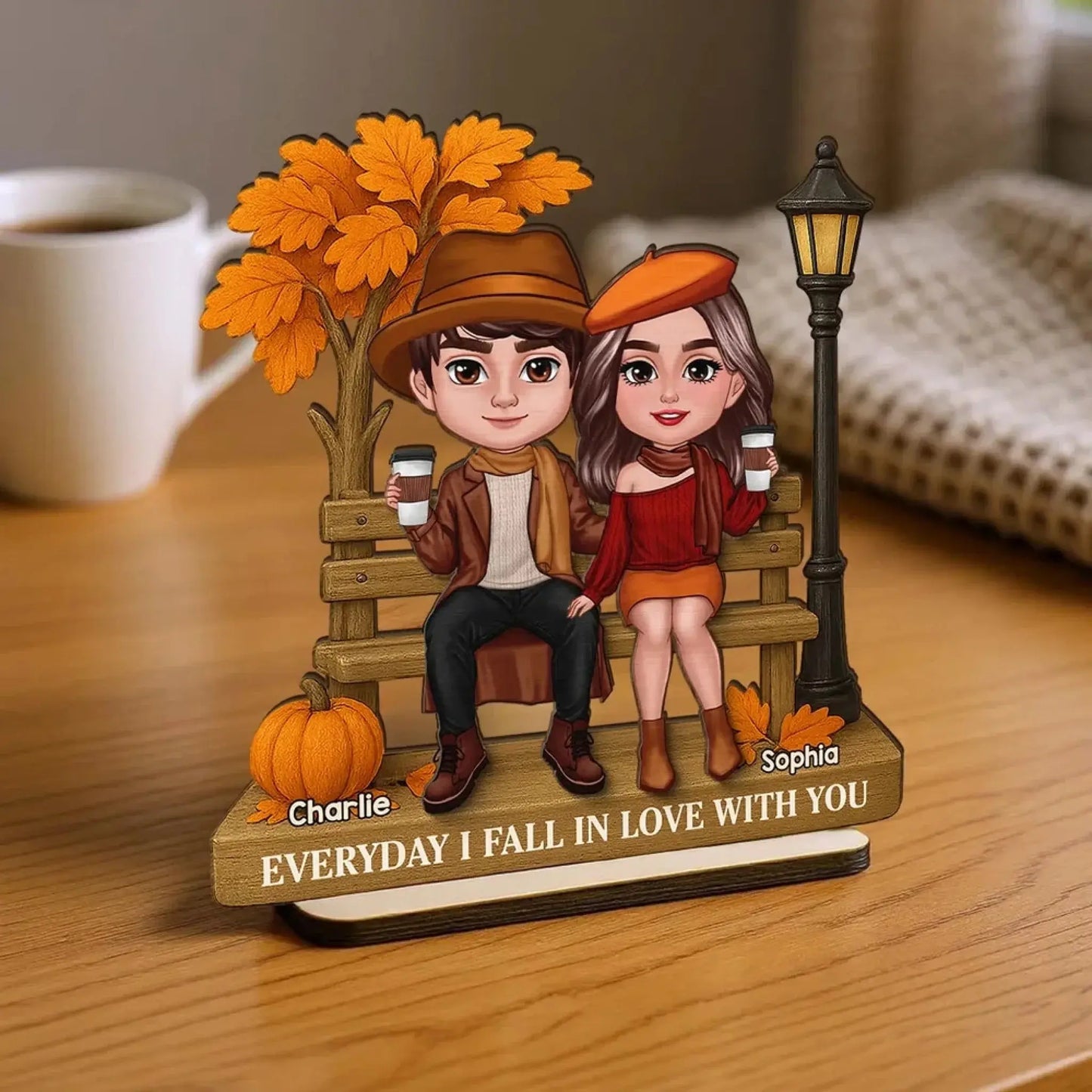 3D Effect Fall Season Couple Plaque – Personalized 2-Layer Wooden Gift with Names – Custom Autumn Decor for Him Her Ezcustomize