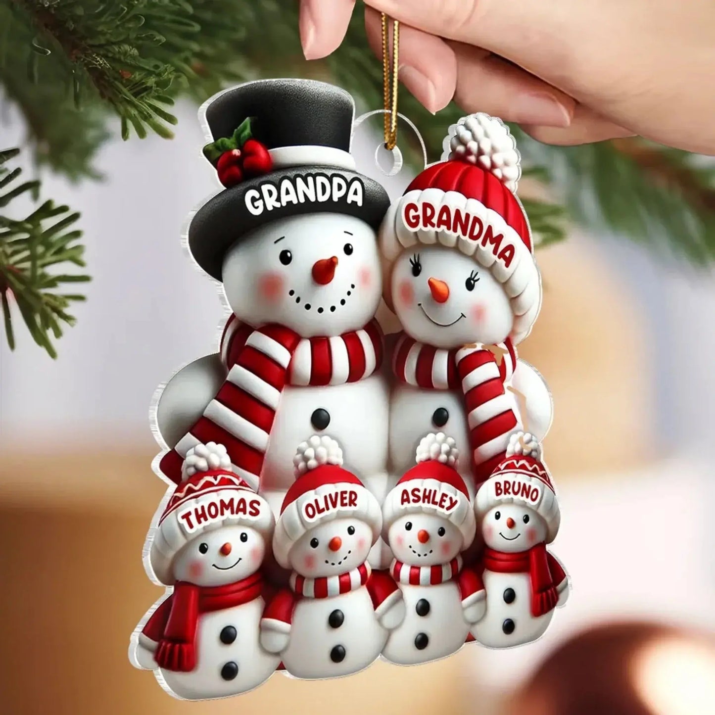 3D Snowman Family Christmas Ornament – Personalized Acrylic Decoration with Custom Names – Holiday Gift for Family, Grandparents, or Kids Ezcustomize