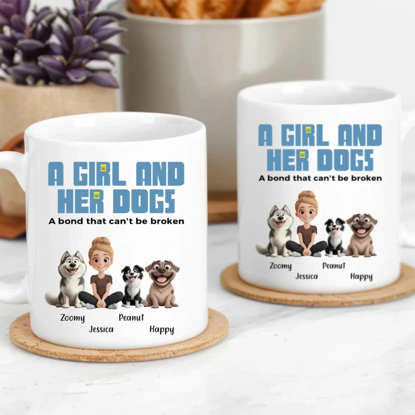 A Girl and Her Dogs Mug – Personalized Coffee Cup with Custom Girl & Dog Characters, Unique Gift for Dog Lovers Ezcustomize