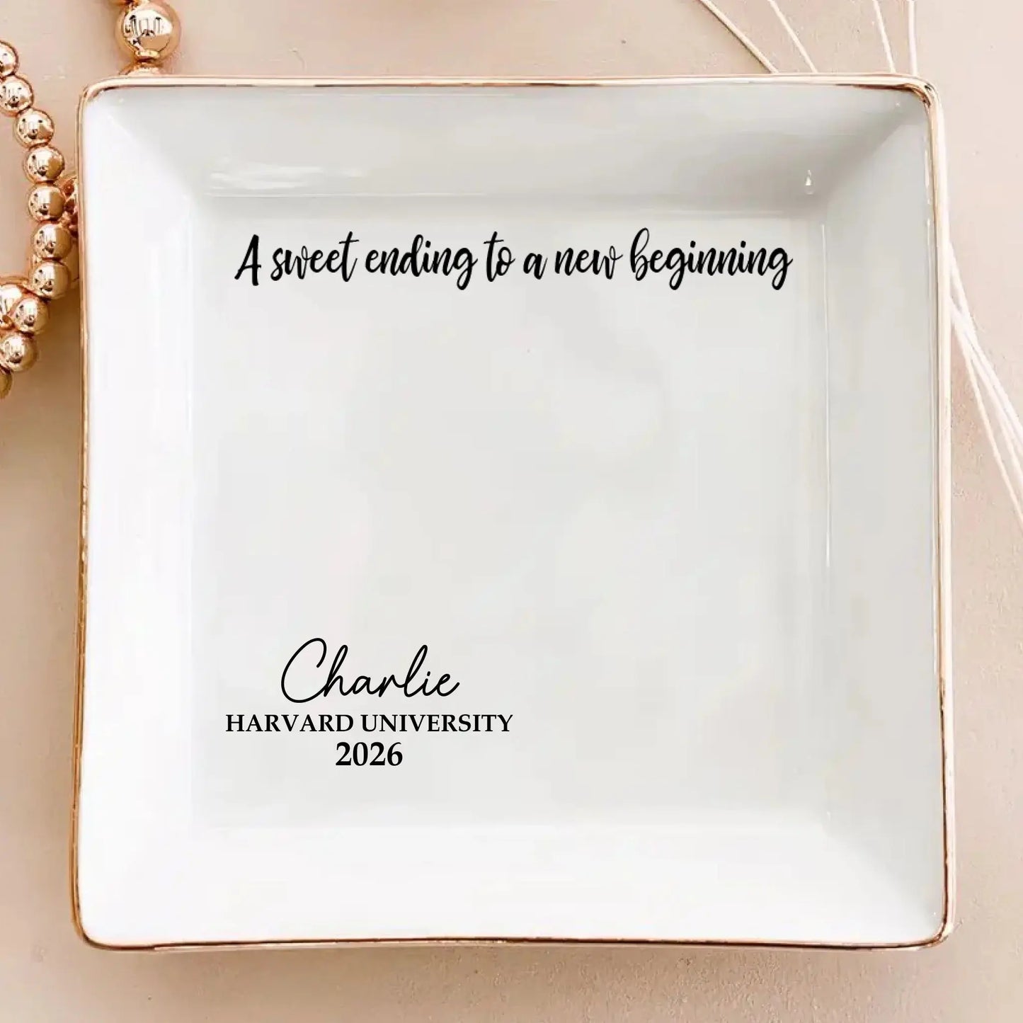 A Sweet Ending To A New Beginning - Personalized Ceramic Jewelry Dish - Gift for Her, Him, Daughter, Son, Friend, Sibling, Grandchild Ezcustomize