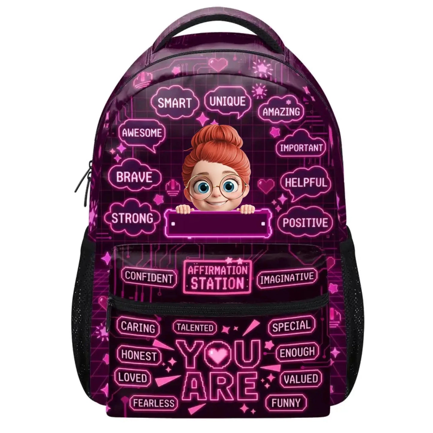 Affirmation Station You Are Smart Strong Brave Loved Unique - Personalized Backpack - Gift for Kids, Son, Daughter, Grandson, Granddaughter
