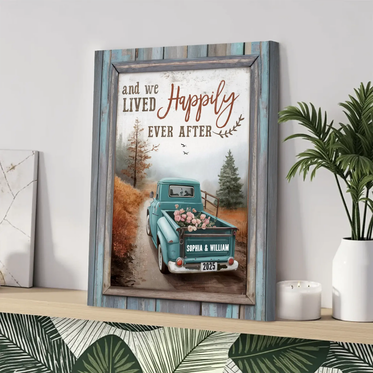 And We Lived Happily Ever After – Personalized Truck Couple Canvas – Custom Name & Year Gift for Wedding, Anniversary, or Valentine’s Day Ezcustomize