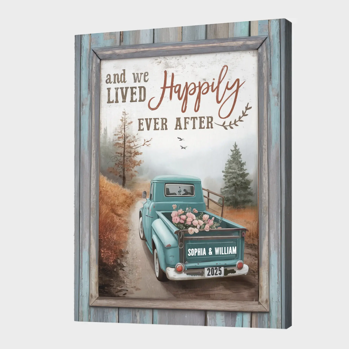 And We Lived Happily Ever After – Personalized Truck Couple Canvas – Custom Name & Year Gift for Wedding, Anniversary, or Valentine’s Day Ezcustomize