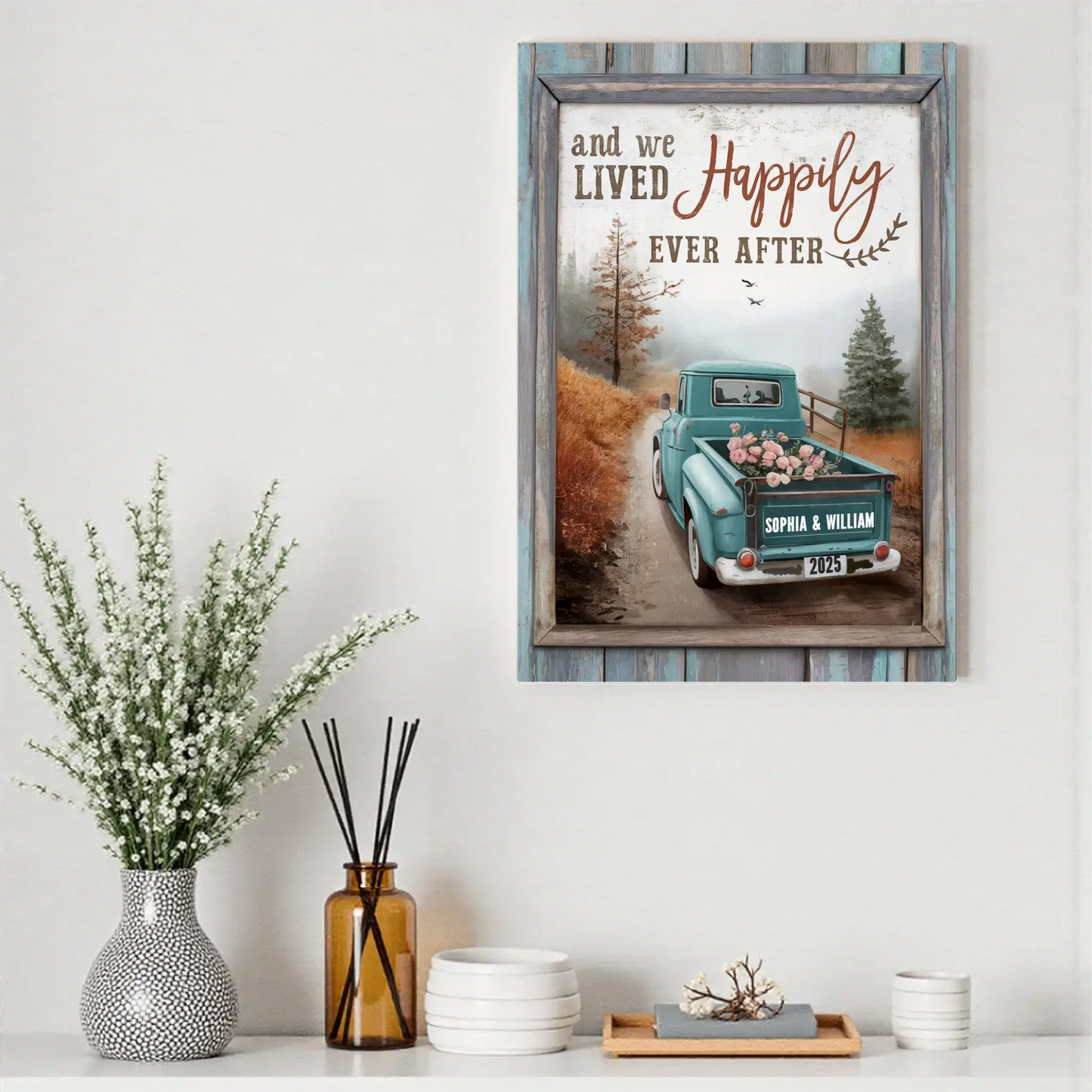 And We Lived Happily Ever After – Personalized Truck Couple Canvas – Custom Name & Year Gift for Wedding, Anniversary, or Valentine’s Day Ezcustomize