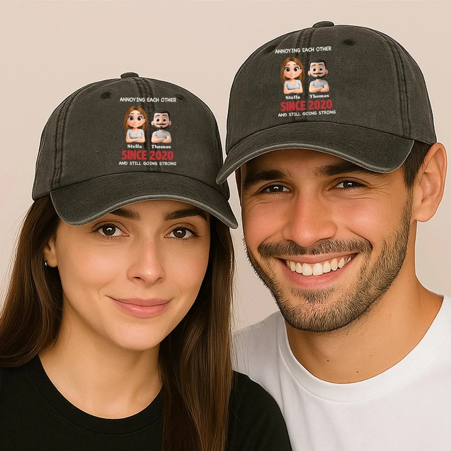 Annoying Each Other & Still Going Strong – Personalized Vintage Washed Denim Cap – Funny Custom Gift for Couples or Spouses Ezcustomize