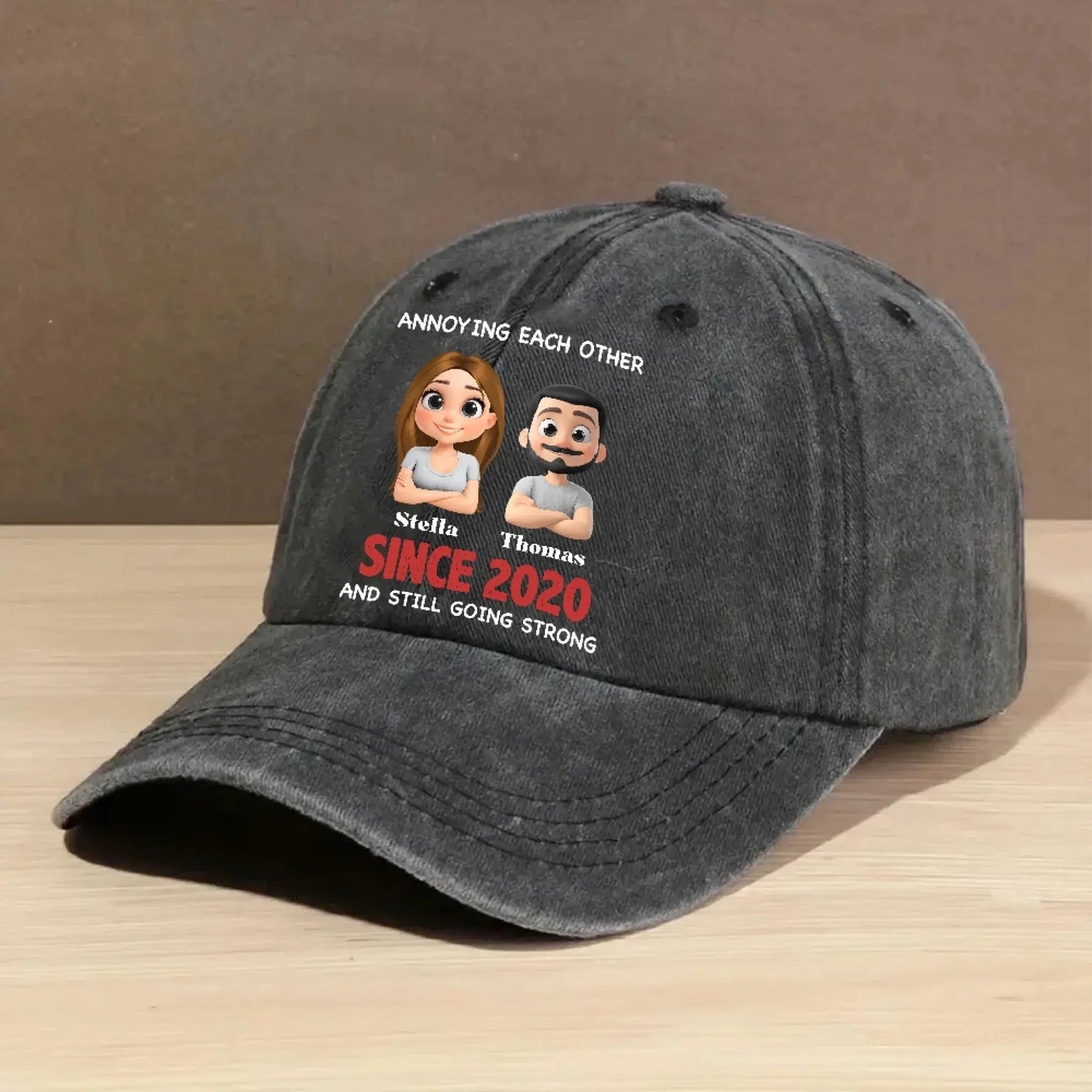Annoying Each Other & Still Going Strong – Personalized Vintage Washed Denim Cap – Funny Custom Gift for Couples or Spouses Ezcustomize