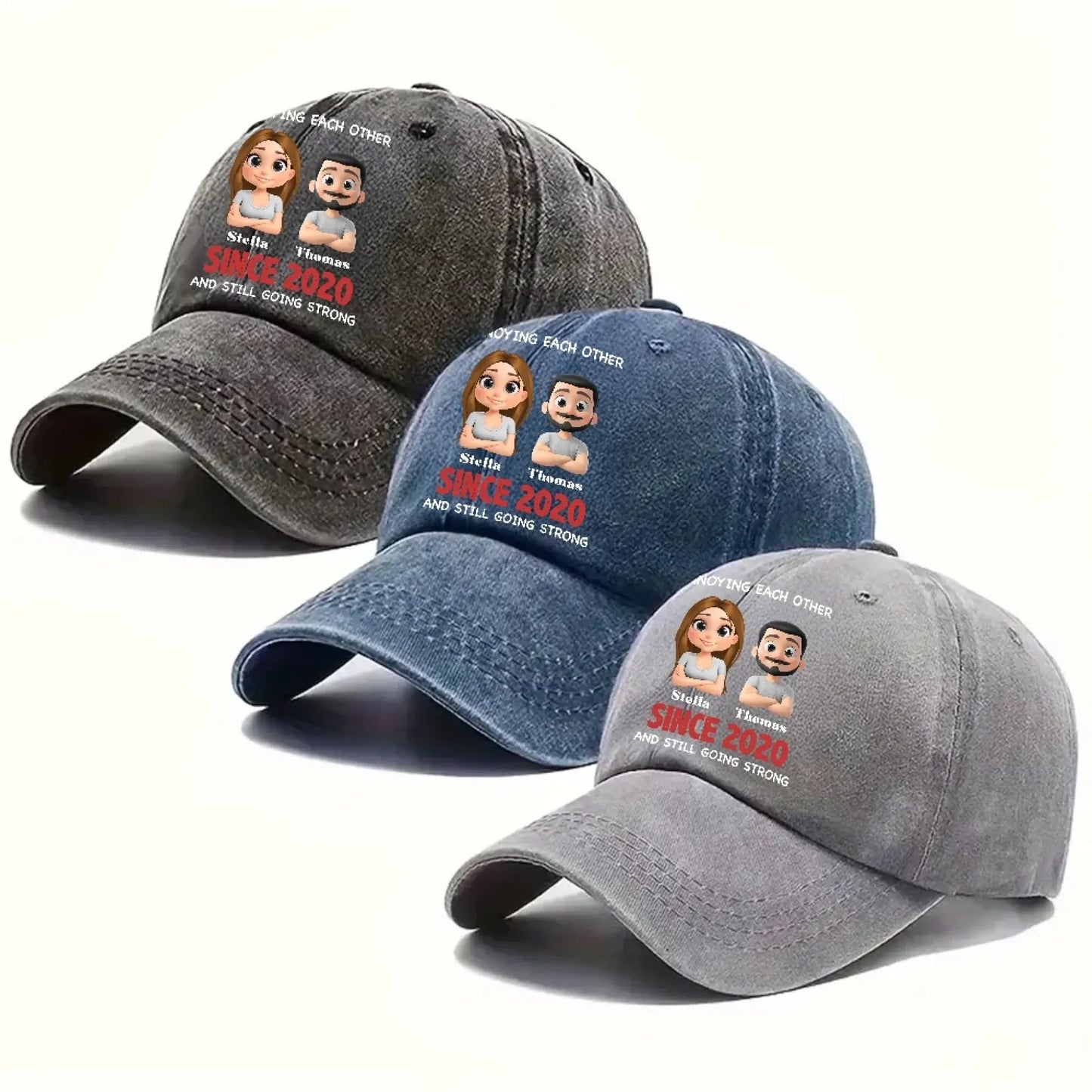 Annoying Each Other & Still Going Strong – Personalized Vintage Washed Denim Cap – Funny Custom Gift for Couples or Spouses Ezcustomize