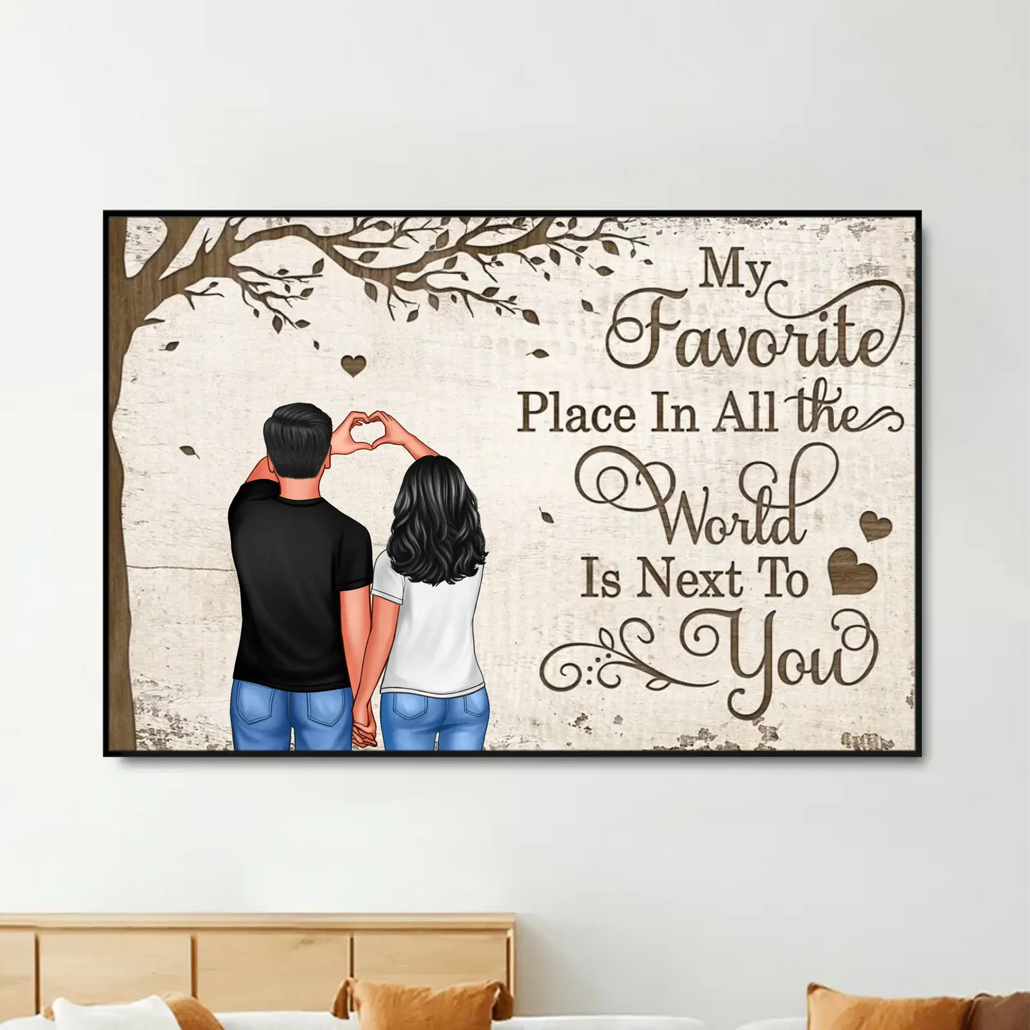 Back View Couple with Heart Hands & Favorite Place – Personalized Poster/Canvas – Custom Gift for Him & Her Ezcustomize