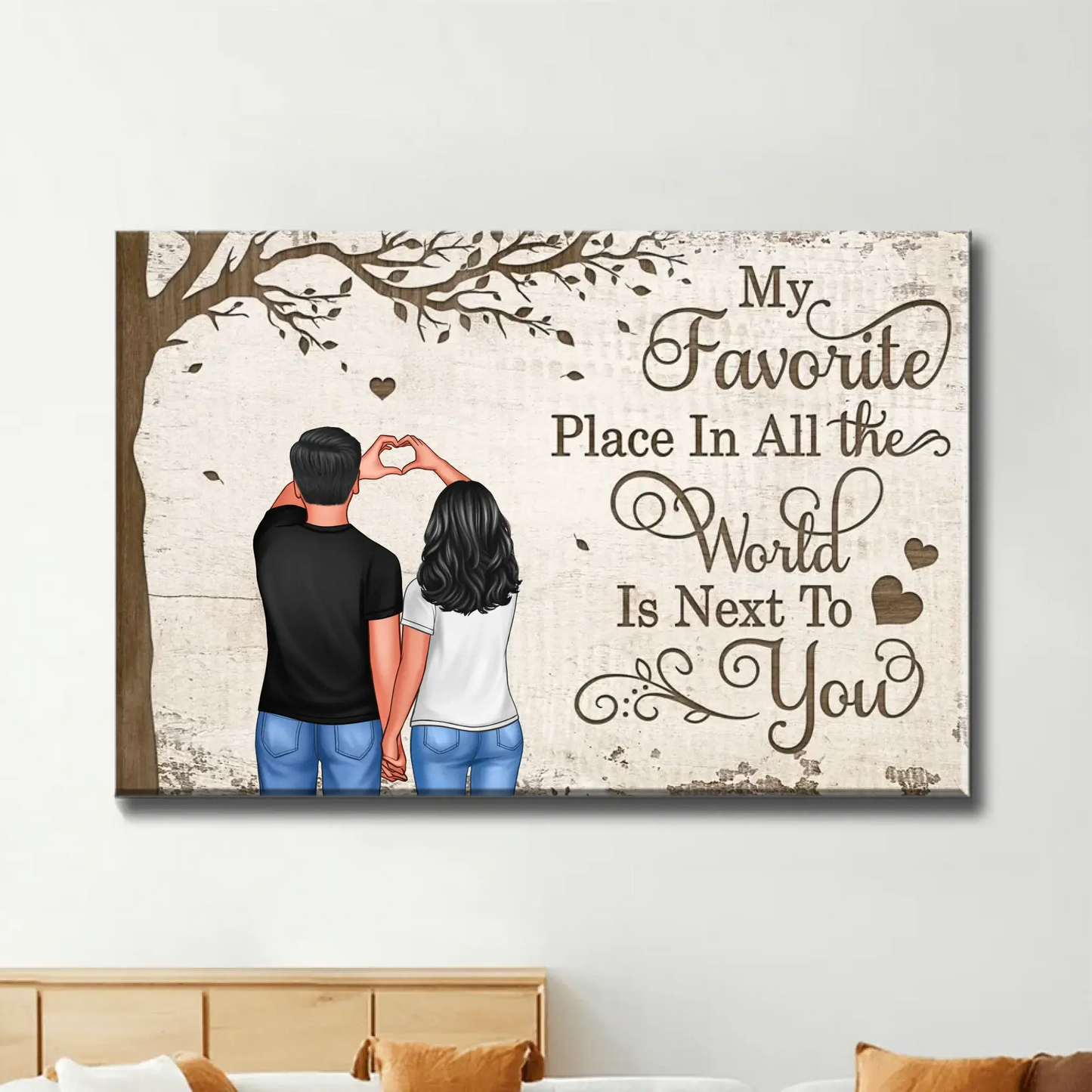 Back View Couple with Heart Hands & Favorite Place – Personalized Poster/Canvas – Custom Gift for Him & Her Ezcustomize