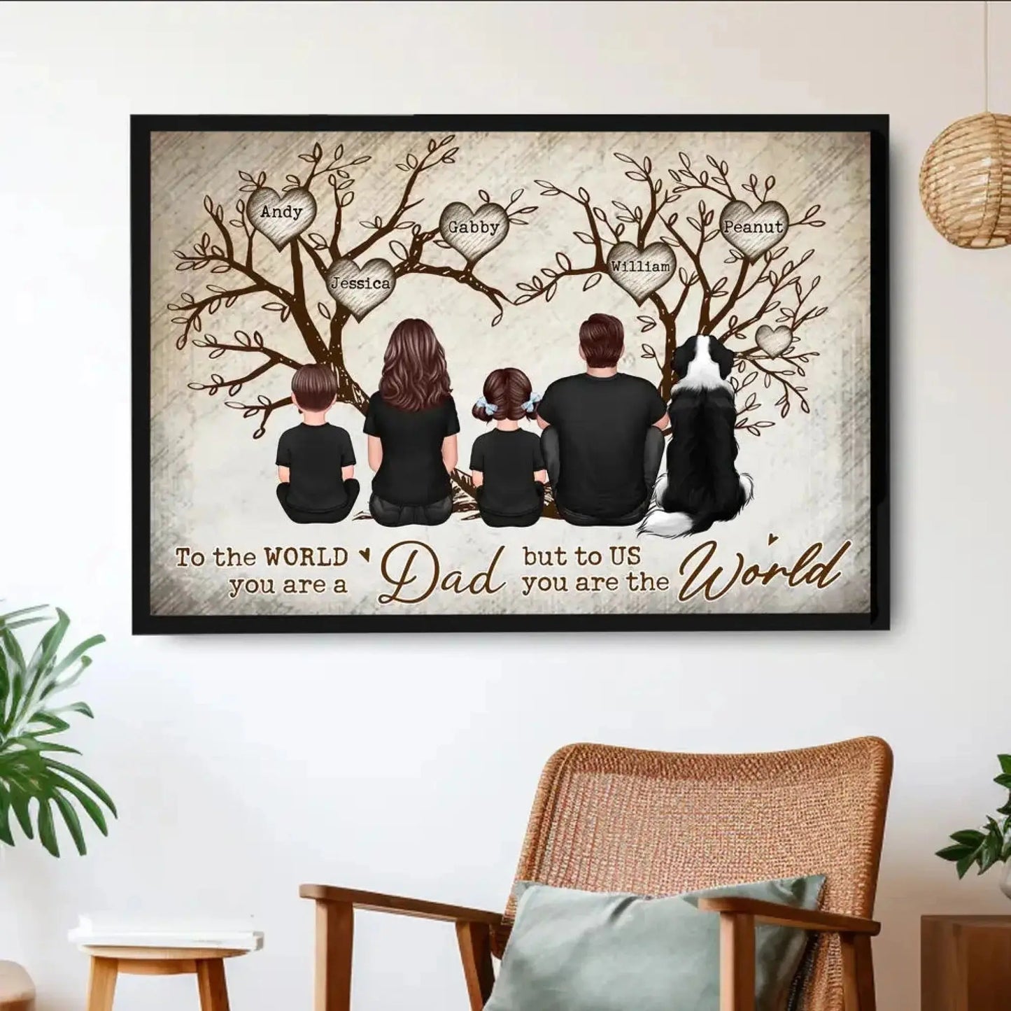 Back-View Family & Dog Tree Personalized Poster – To the World You Are a Dad, But to Us You Are the World – Custom Father's Day Gift with Names & Pets Ezcustomize