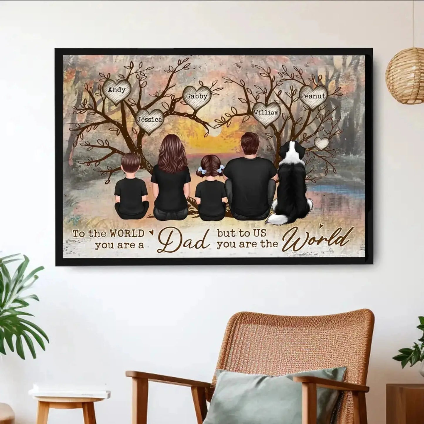 Back-View Family & Dog Tree Personalized Poster – To the World You Are a Dad, But to Us You Are the World – Custom Father's Day Gift with Names & Pets Ezcustomize
