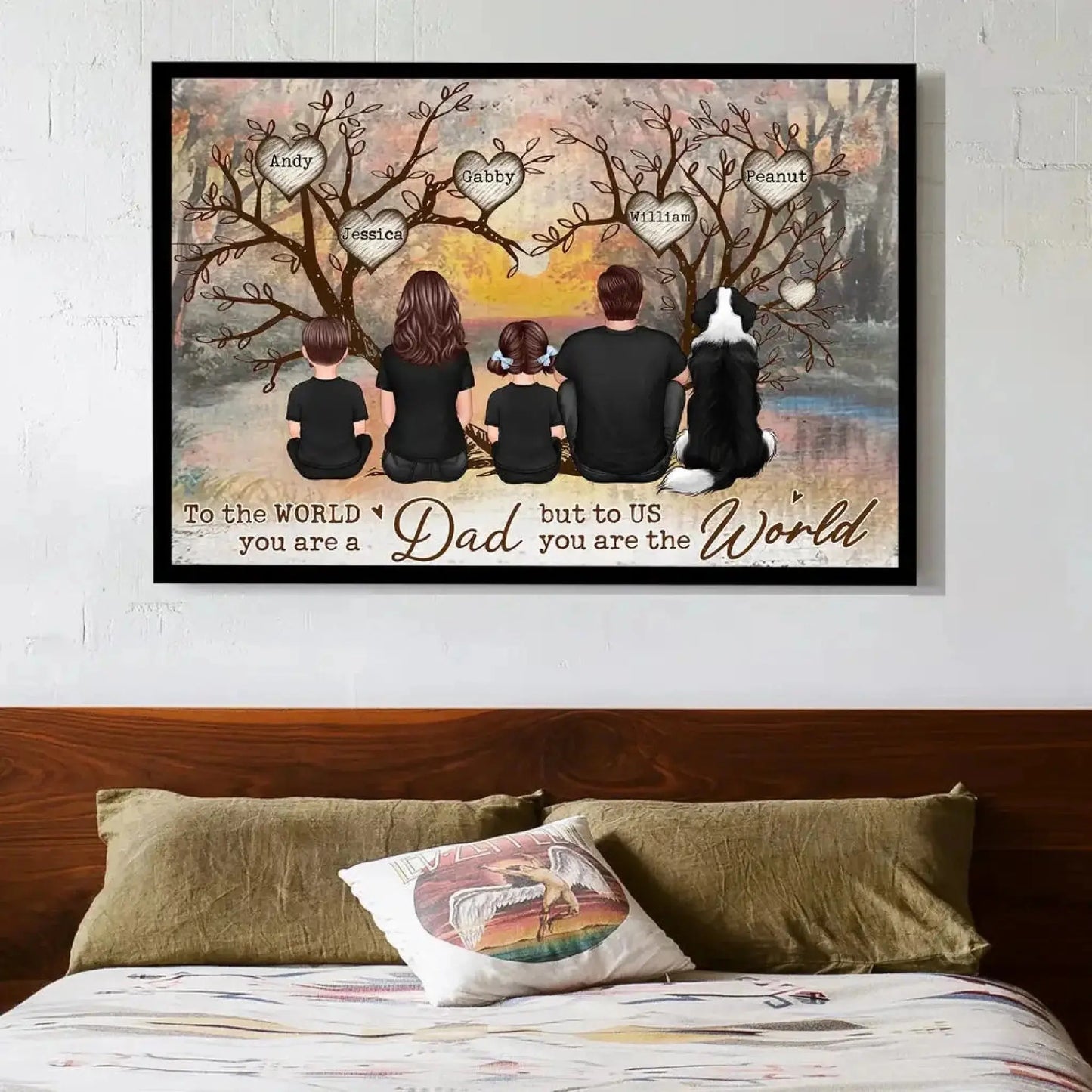 Back-View Family & Dog Tree Personalized Poster – To the World You Are a Dad, But to Us You Are the World – Custom Father's Day Gift with Names & Pets Ezcustomize