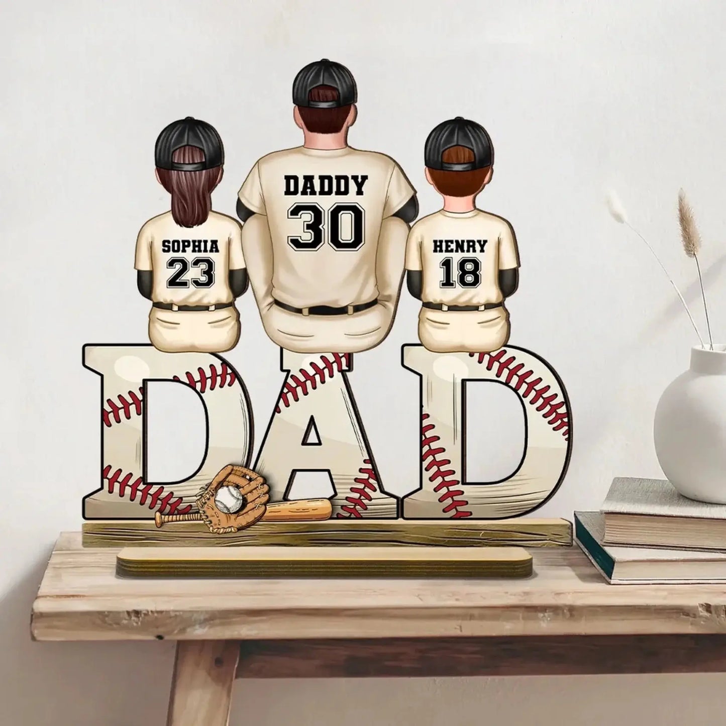 Baseball Dad Family Sitting Back View Personalized Standing Wooden Plaque, Father's Day Gift for Dad, for Grandpa, for Husband Ezcustomize