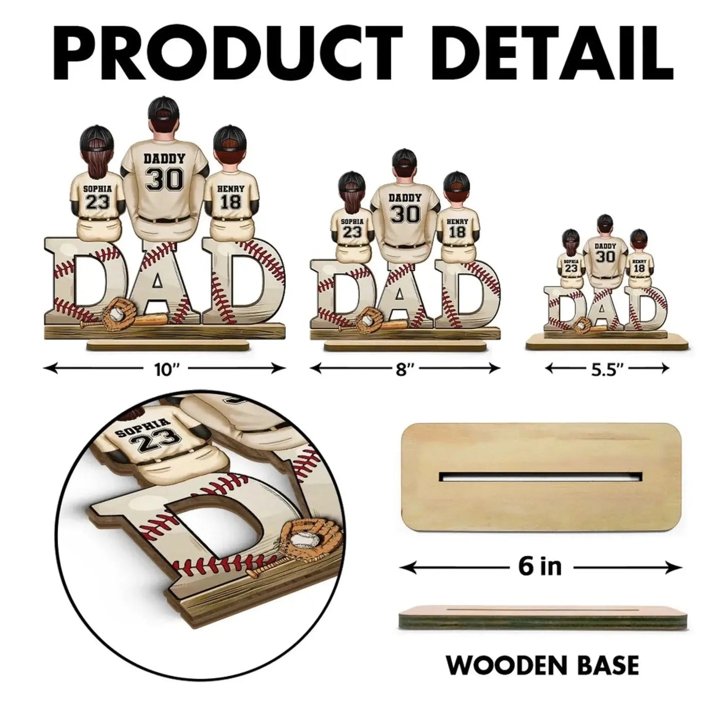 Baseball Dad Family Sitting Back View Personalized Standing Wooden Plaque, Father's Day Gift for Dad, for Grandpa, for Husband Ezcustomize