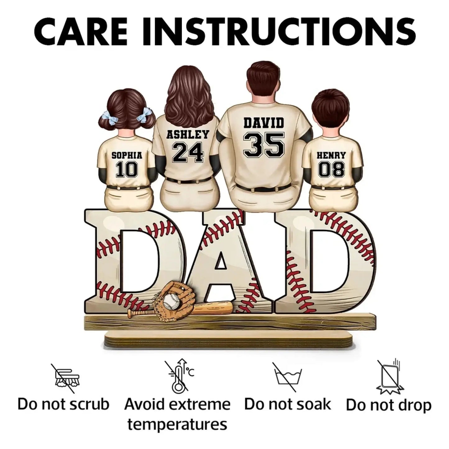 Baseball Dad Family Sitting Back View Personalized Standing Wooden Plaque, Father's Day Gift for Dad, for Grandpa, for Husband Ezcustomize