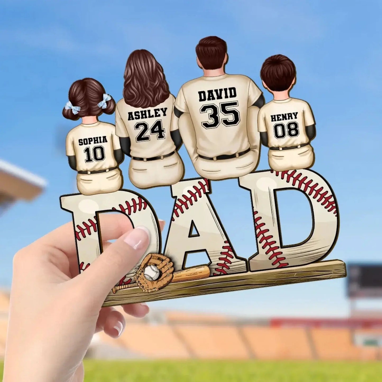 Baseball Dad Family Sitting Back View Personalized Standing Wooden Plaque, Father's Day Gift for Dad, for Grandpa, for Husband Ezcustomize