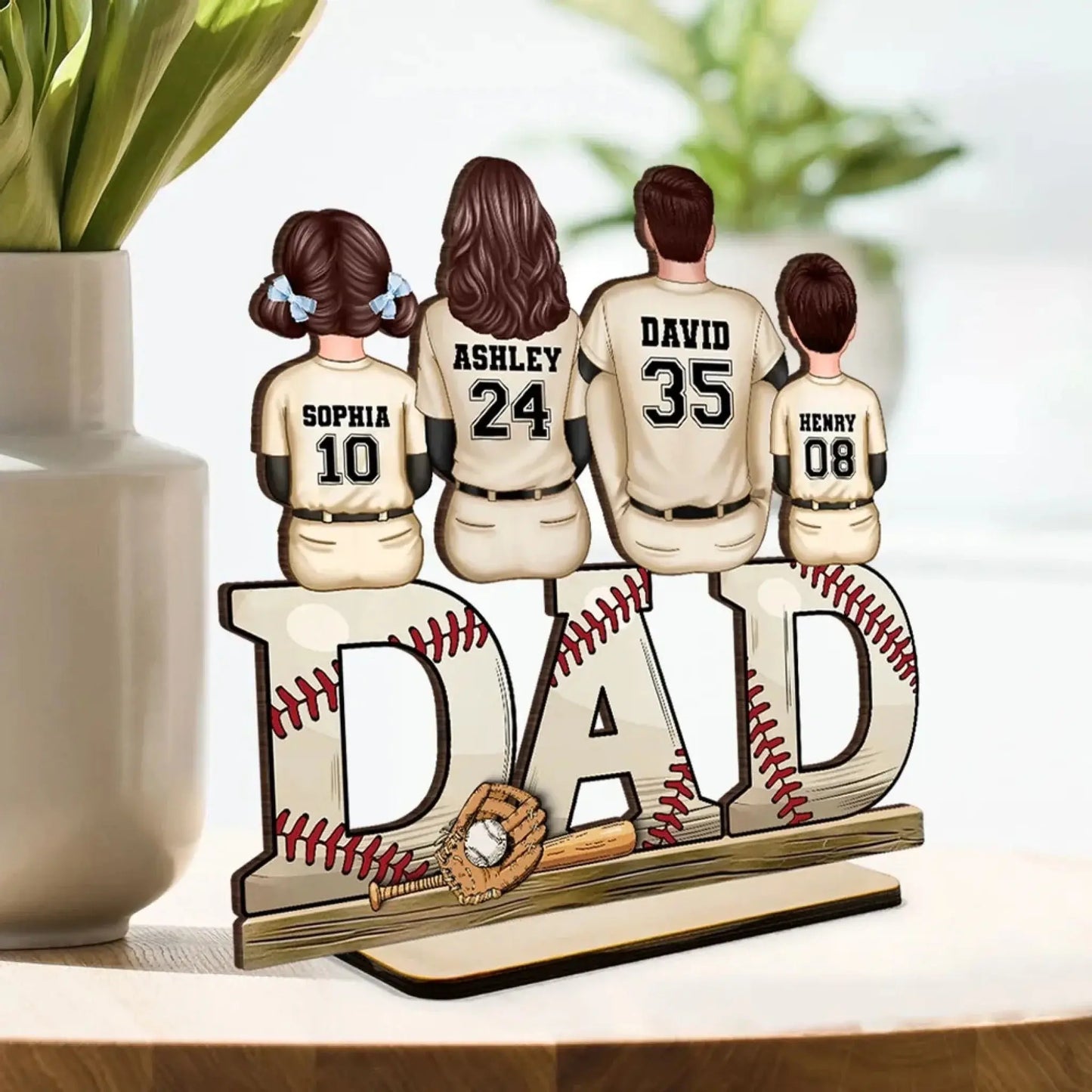 Baseball Dad Family Sitting Back View Personalized Standing Wooden Plaque, Father's Day Gift for Dad, for Grandpa, for Husband Ezcustomize