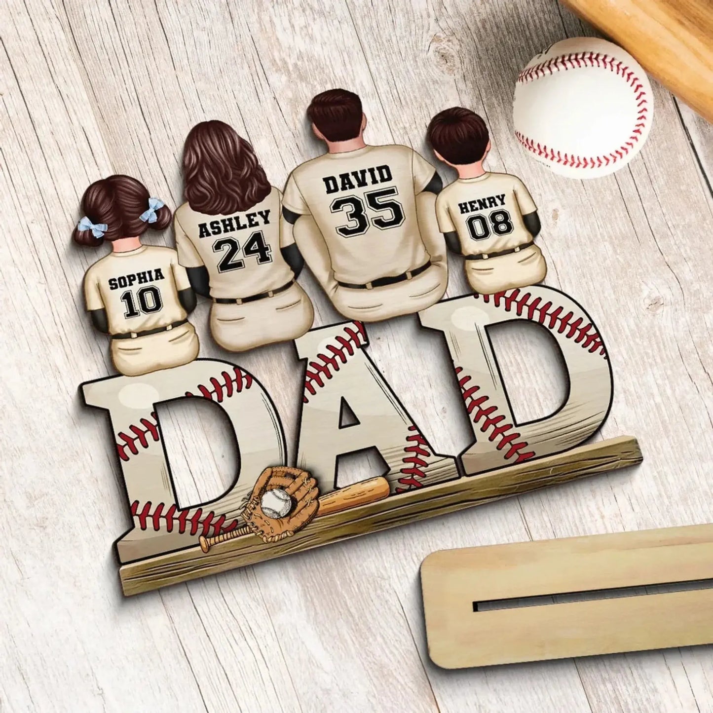 Baseball Dad Family Sitting Back View Personalized Standing Wooden Plaque, Father's Day Gift for Dad, for Grandpa, for Husband Ezcustomize