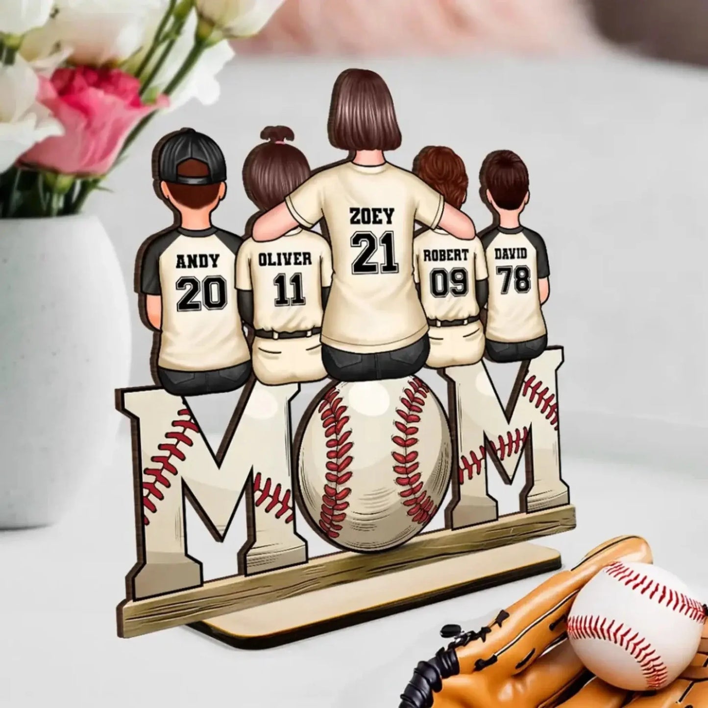 Baseball & Softball Mom with Kids Art – Personalized Standing Wooden Plaque – Mother’s Day Gift for Mom or Wife Ezcustomize