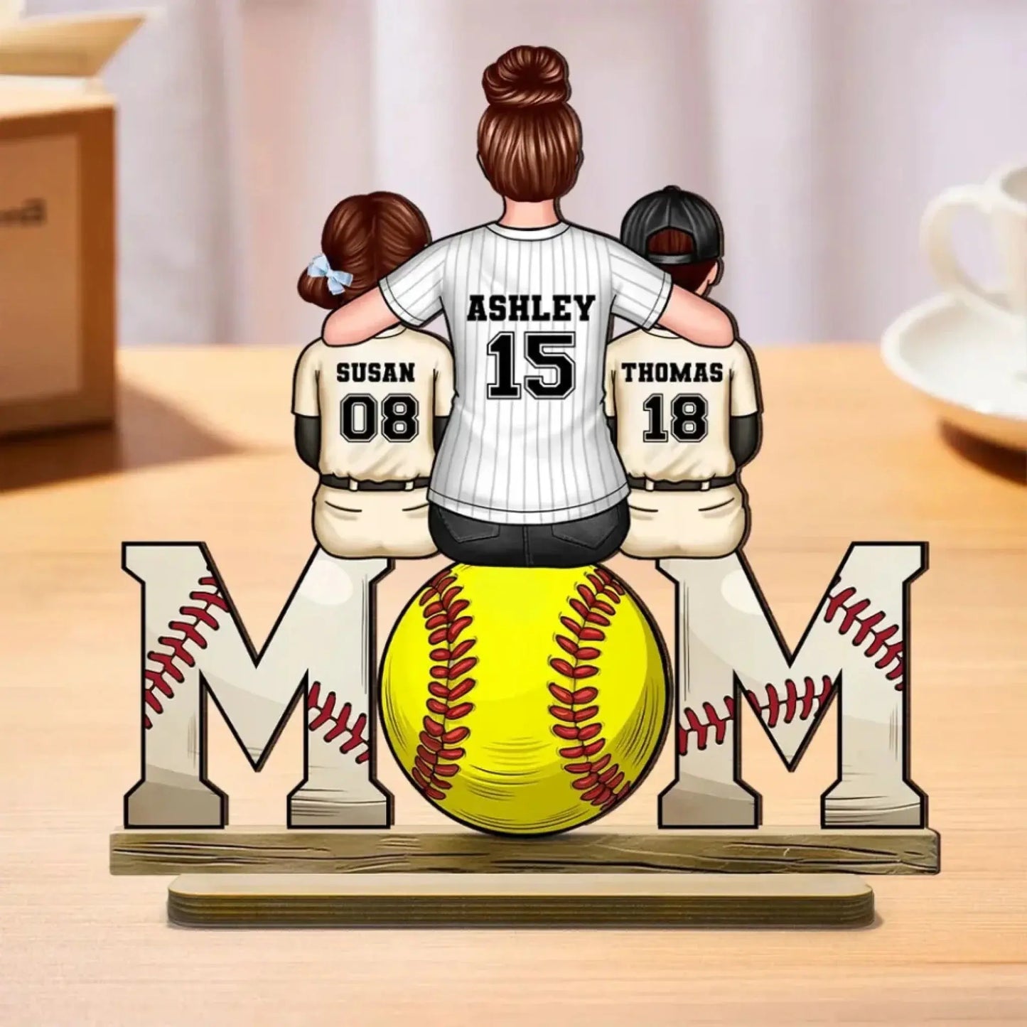 Baseball & Softball Mom with Kids Art – Personalized Standing Wooden Plaque – Mother’s Day Gift for Mom or Wife Ezcustomize