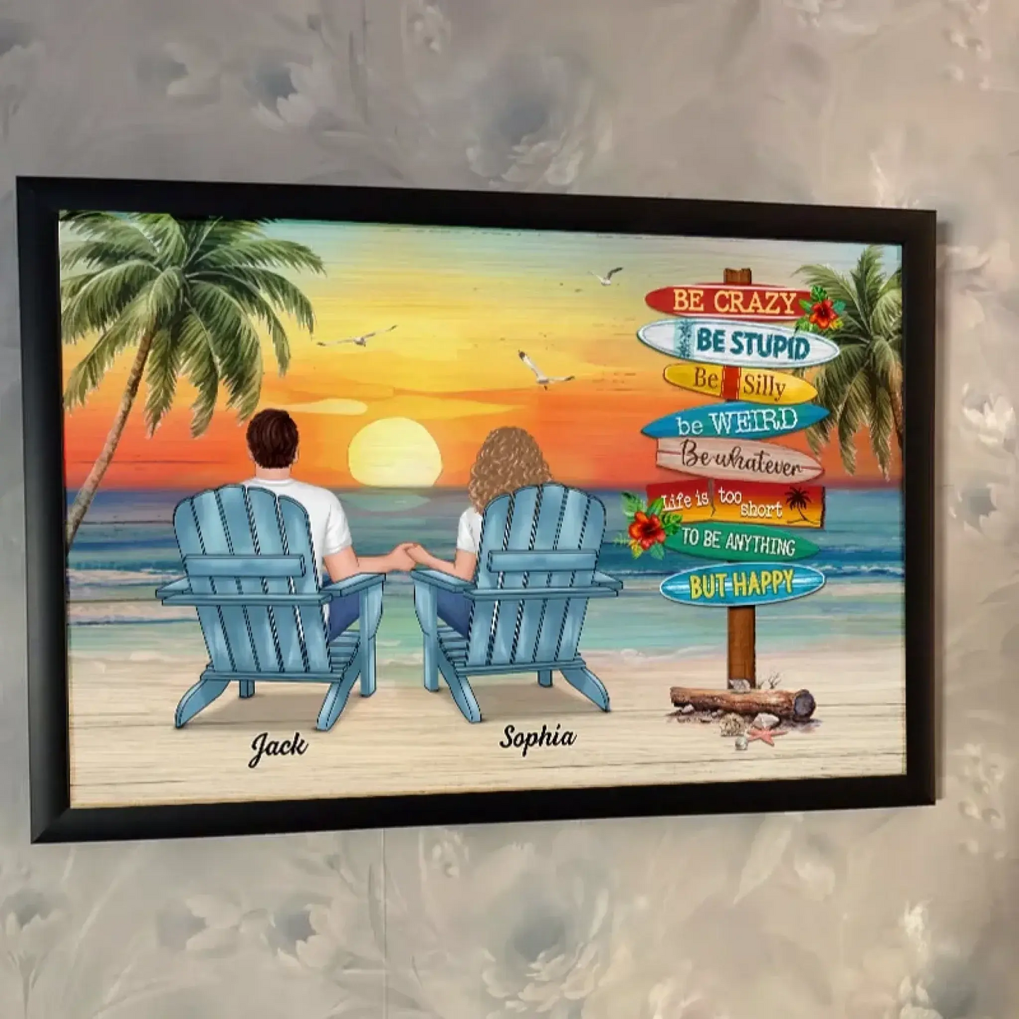 Be Happy Summer Couple Sitting – Personalized Poster/Canvas - Romantic Custom Gift for Anniversary or Just Because Ezcustomize