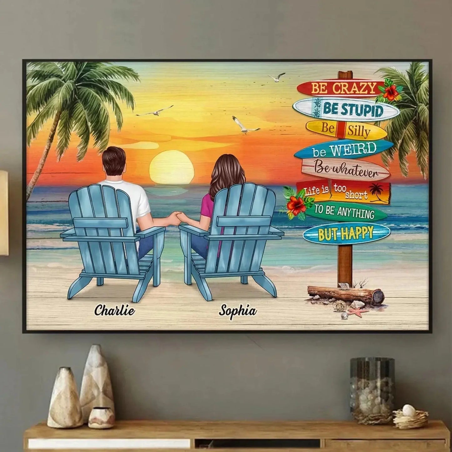 Be Happy Summer Couple Sitting – Personalized Poster/Canvas - Romantic Custom Gift for Anniversary or Just Because Ezcustomize
