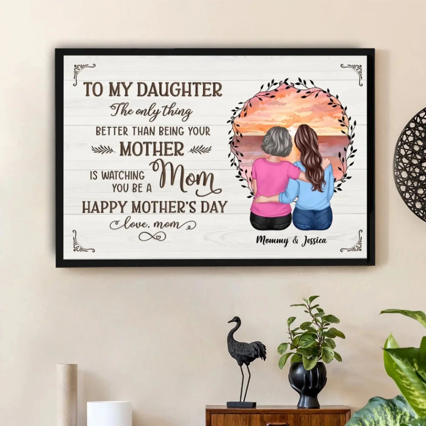 Beach Sunset Mother & Daughter Hugging Back View – Personalized Poster/Canvas – Mother’s Day Gift for Daughter from Mom Ezcustomize