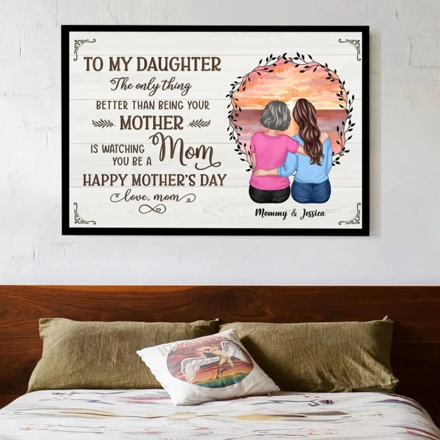 Beach Sunset Mother & Daughter Hugging Back View – Personalized Poster/Canvas – Mother’s Day Gift for Daughter from Mom Ezcustomize