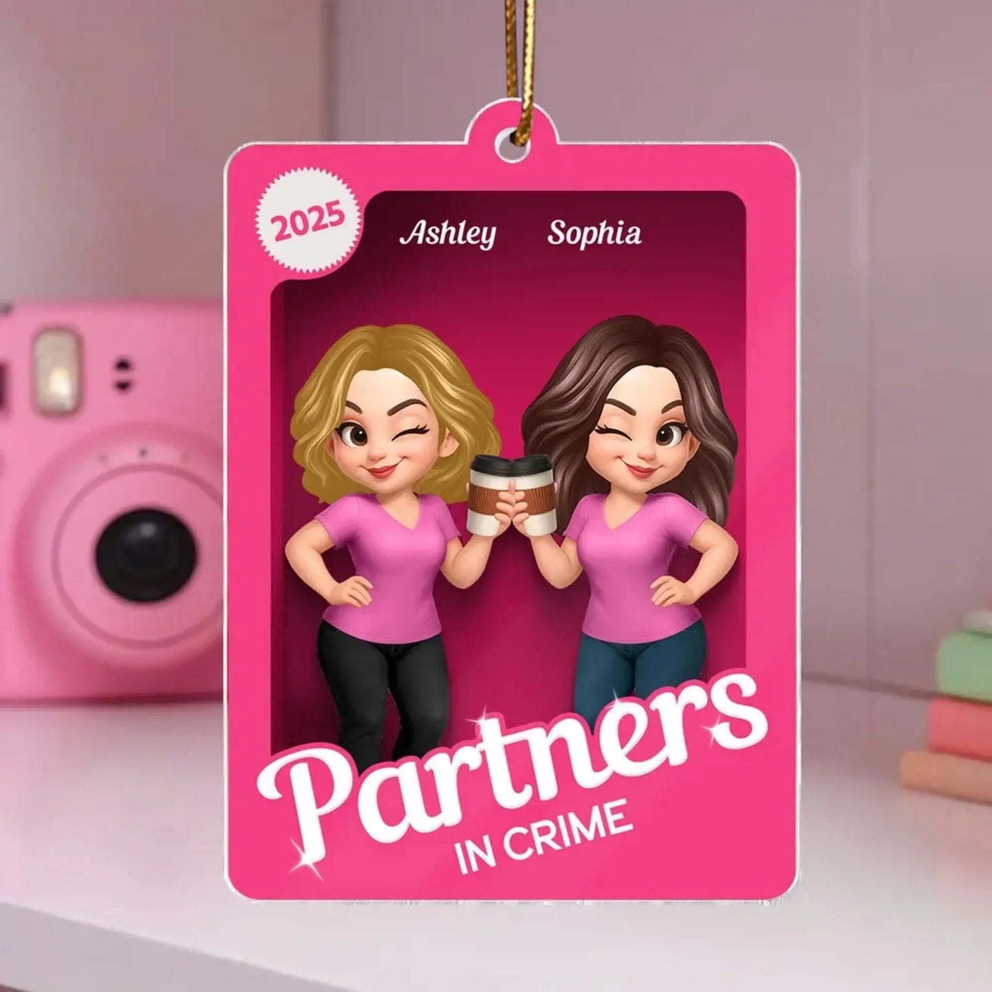 Besties Sisters in 3D Effect Pink Toy Box – Personalized Acrylic Ornament – Fun Christmas or Birthday Gift for Best Friends & BFFs Ezcustomize