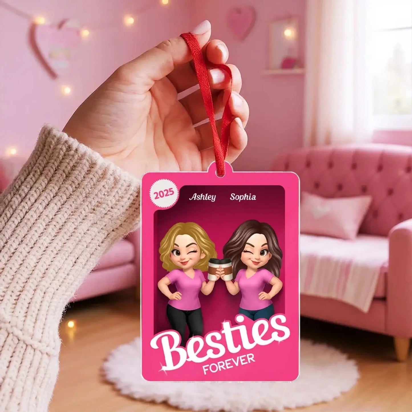 Besties Sisters in 3D Effect Pink Toy Box – Personalized Acrylic Ornament – Fun Christmas or Birthday Gift for Best Friends & BFFs Ezcustomize