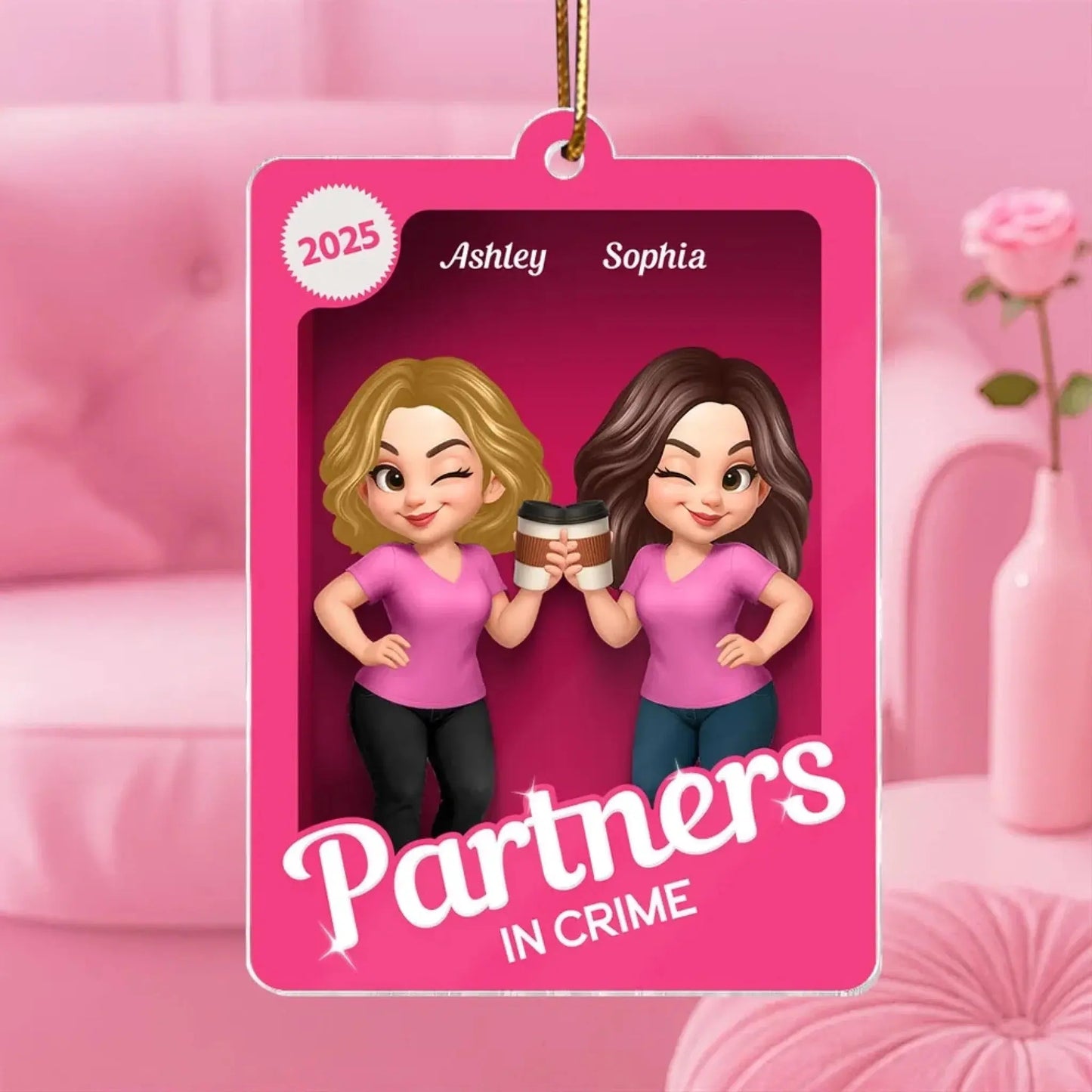 Besties Sisters in 3D Effect Pink Toy Box – Personalized Acrylic Ornament – Fun Christmas or Birthday Gift for Best Friends & BFFs Ezcustomize