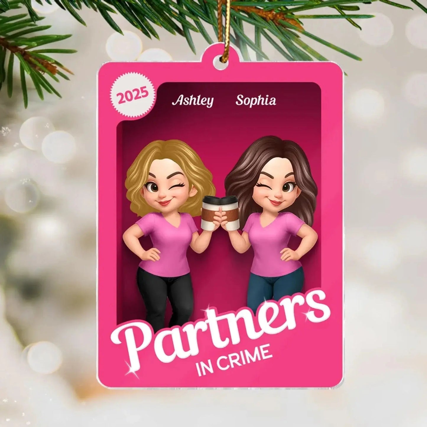 Besties Sisters in 3D Effect Pink Toy Box – Personalized Acrylic Ornament – Fun Christmas or Birthday Gift for Best Friends & BFFs Ezcustomize