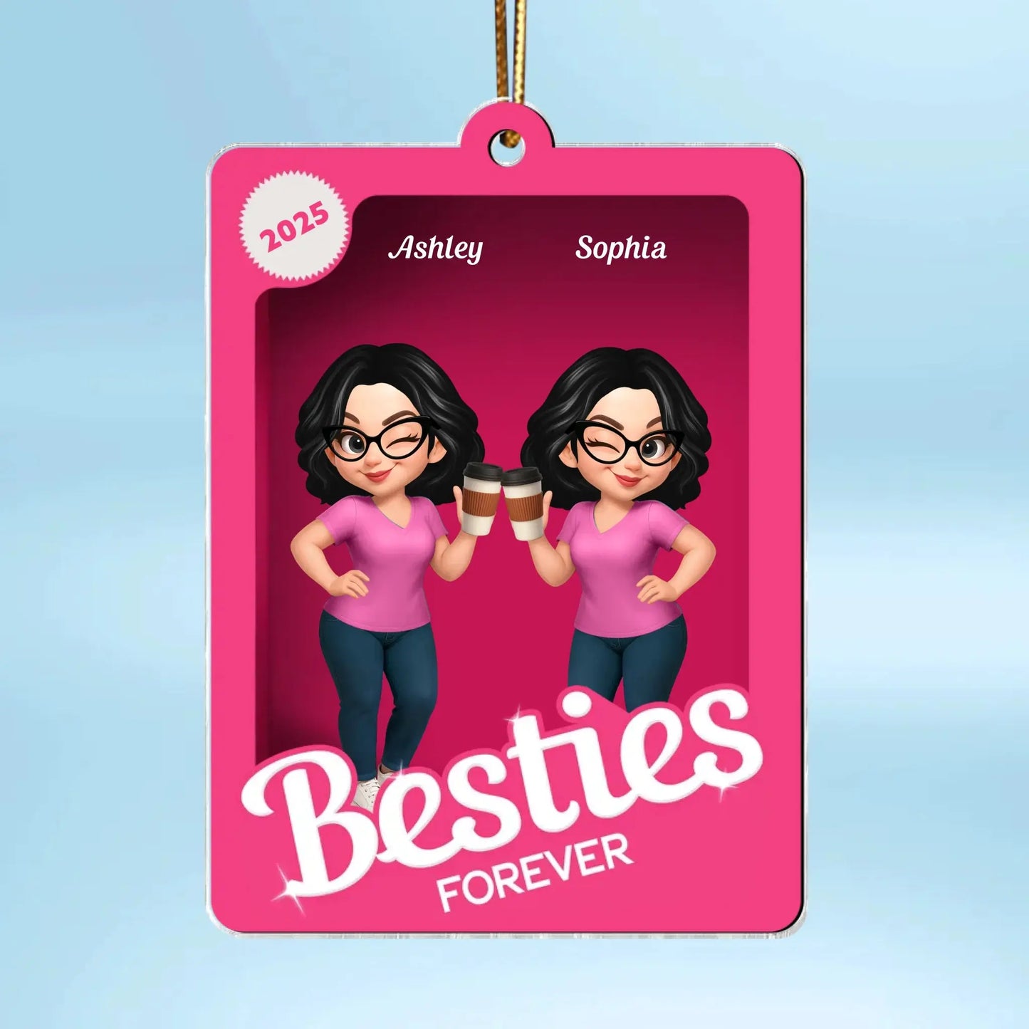 Besties Sisters in 3D Effect Pink Toy Box – Personalized Acrylic Ornament – Fun Christmas or Birthday Gift for Best Friends & BFFs Ezcustomize