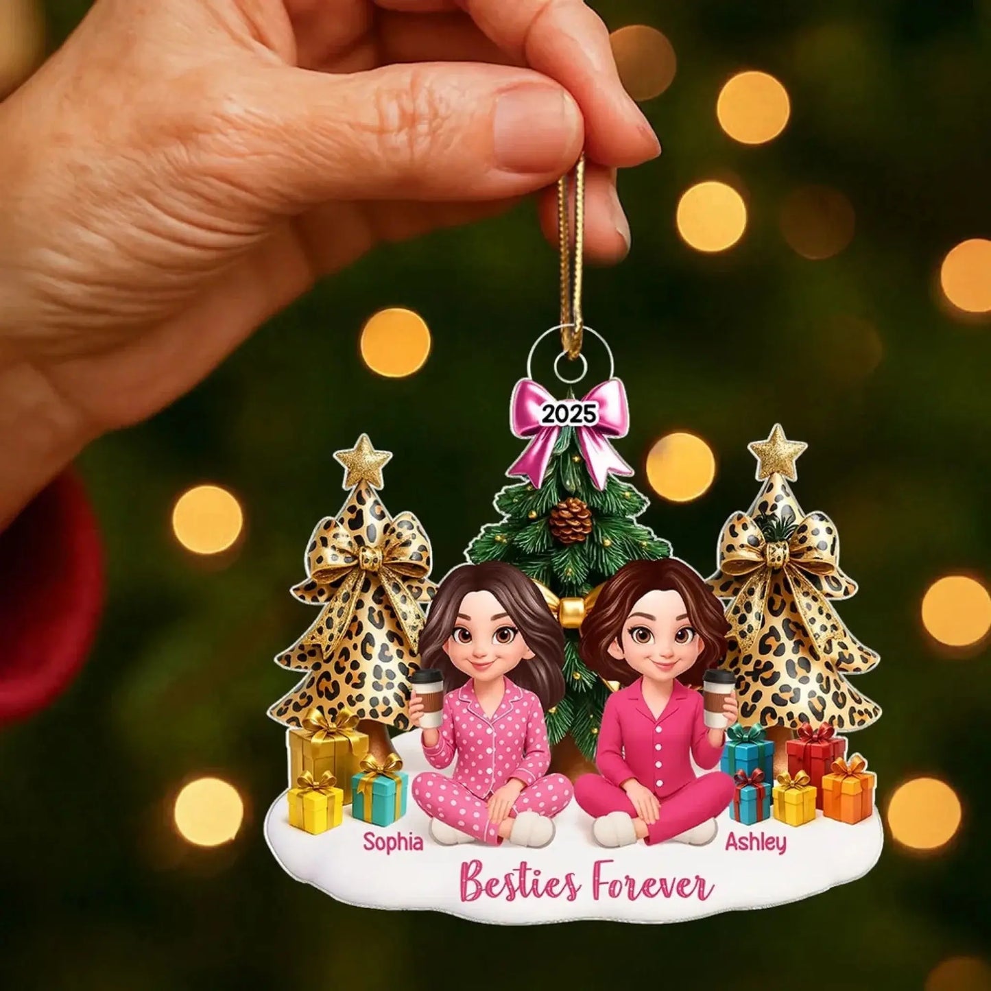 Besties Sitting Around Christmas Tree – Personalized Acrylic Ornament – Fun Holiday Gift for Best Friends, Sisters & Close Friendship Ezcustomize