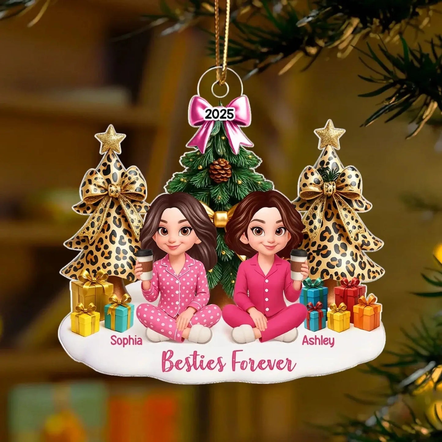 Besties Sitting Around Christmas Tree – Personalized Acrylic Ornament – Fun Holiday Gift for Best Friends, Sisters & Close Friendship Ezcustomize