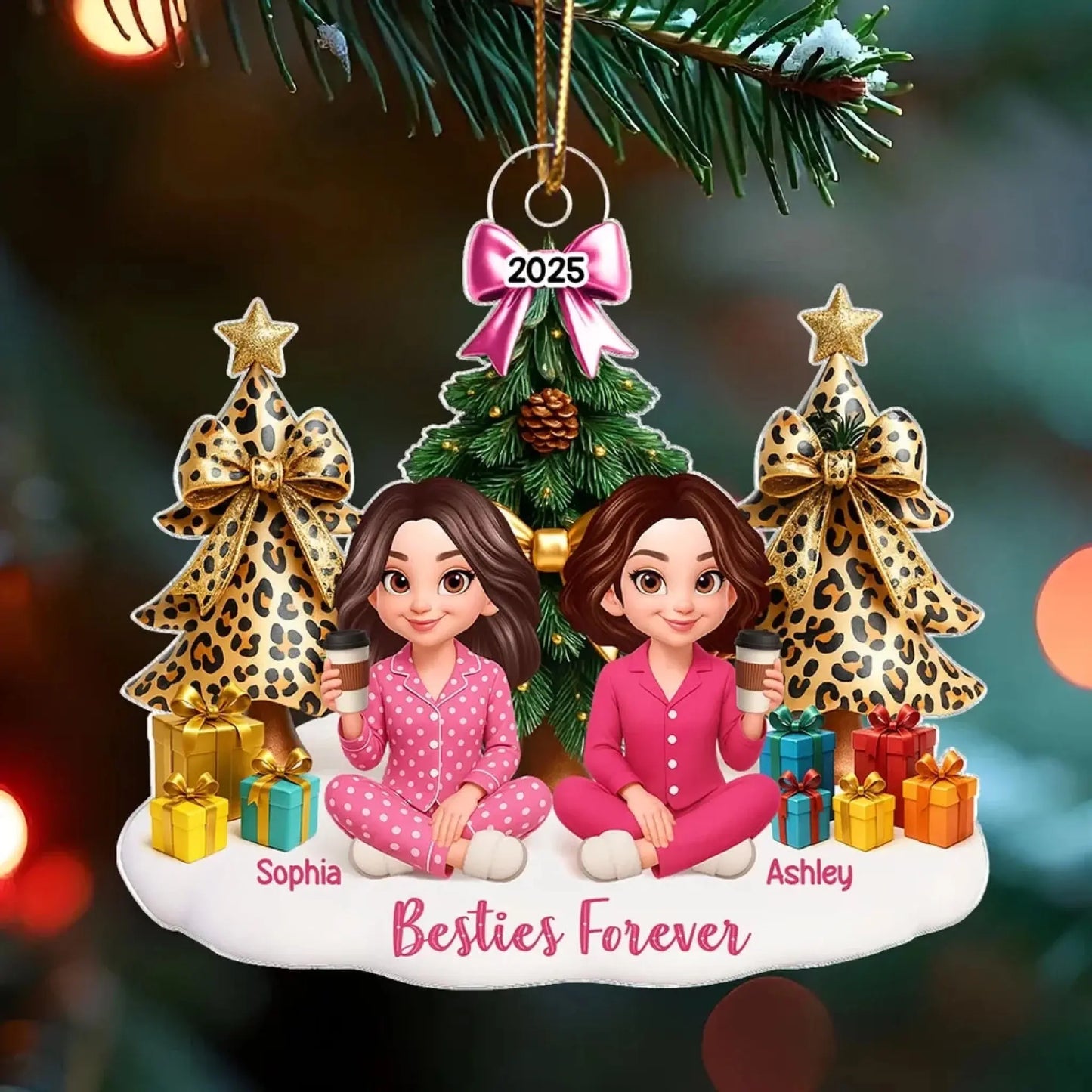 Besties Sitting Around Christmas Tree – Personalized Acrylic Ornament – Fun Holiday Gift for Best Friends, Sisters & Close Friendship Ezcustomize