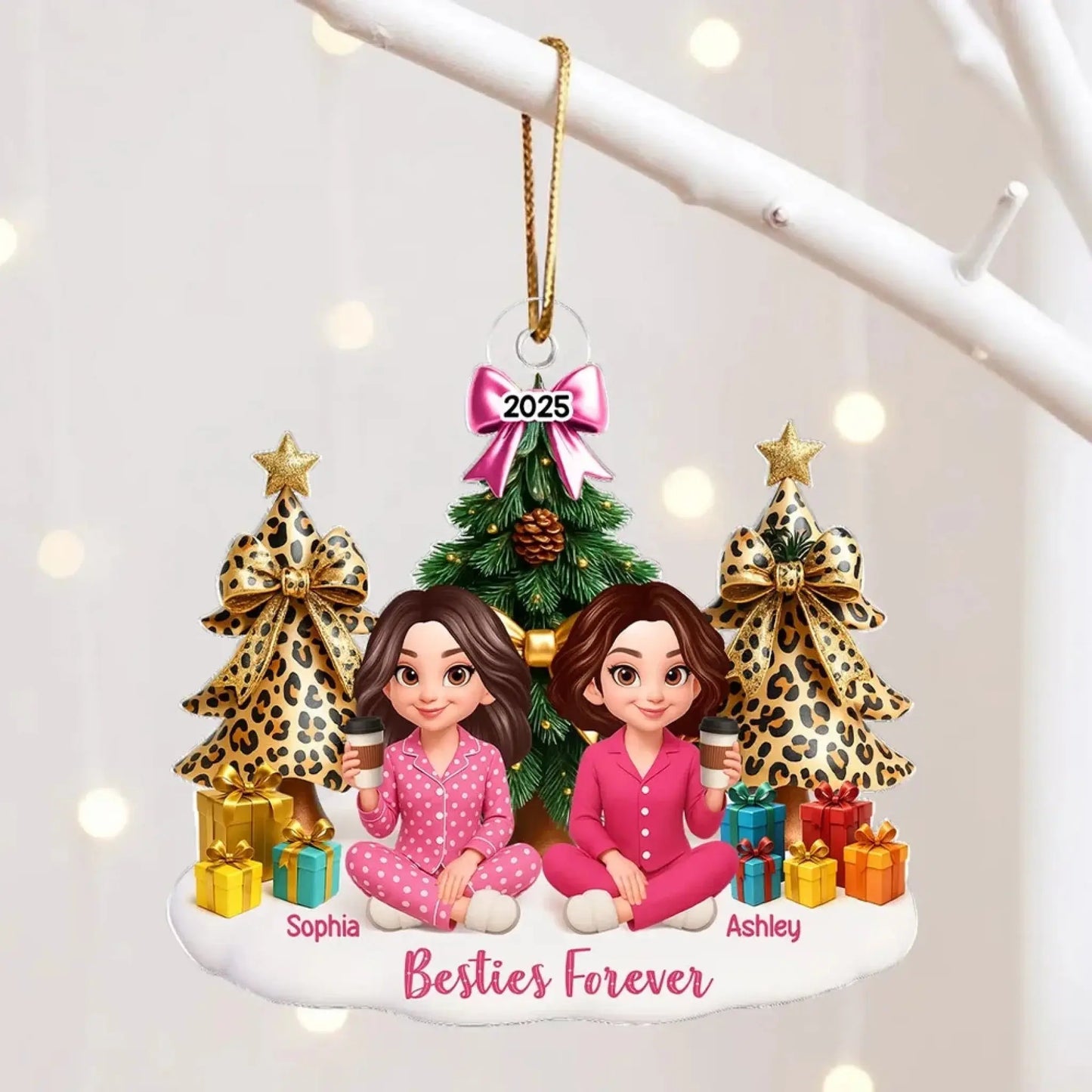 Besties Sitting Around Christmas Tree – Personalized Acrylic Ornament – Fun Holiday Gift for Best Friends, Sisters & Close Friendship Ezcustomize