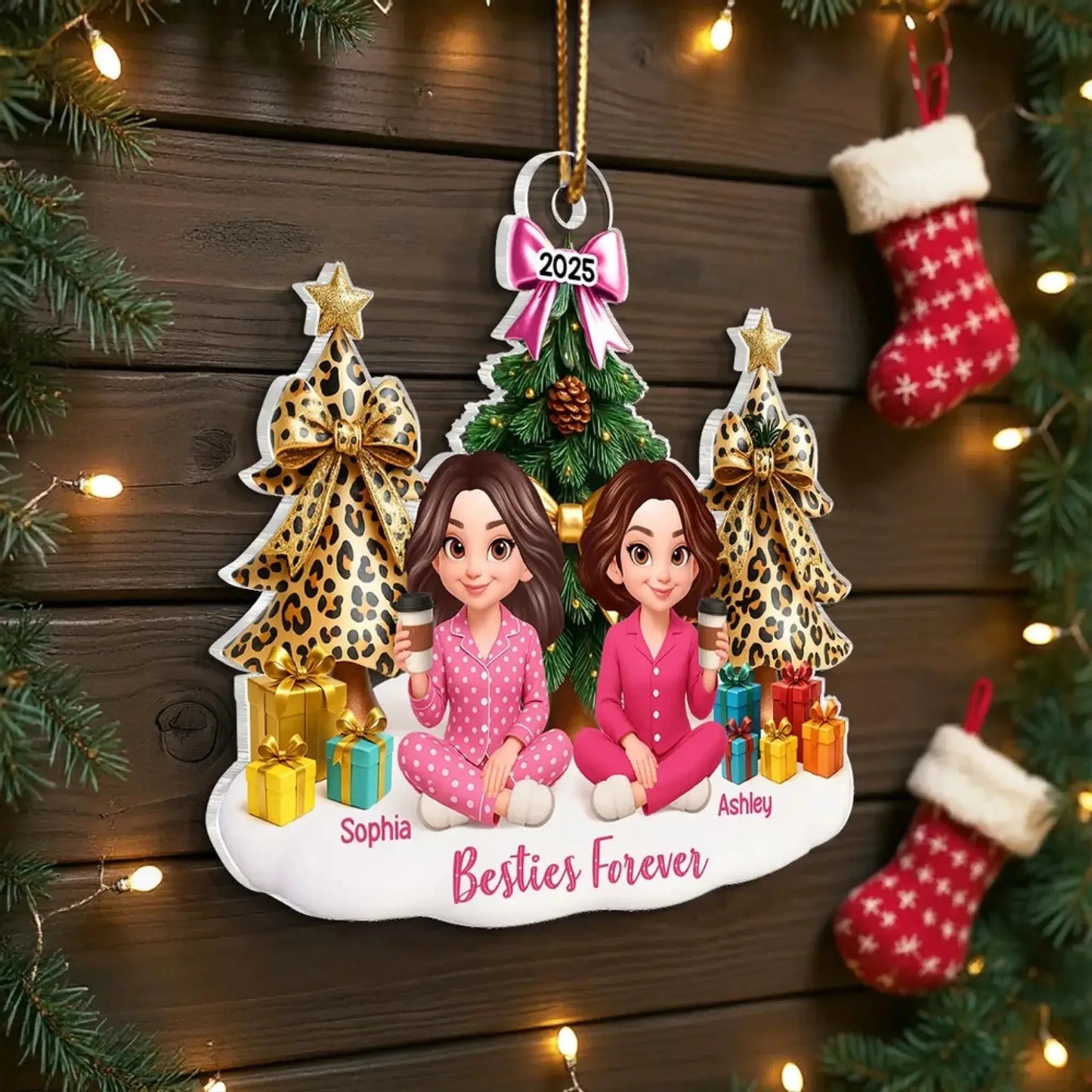 Besties Sitting Around Christmas Tree – Personalized Acrylic Ornament – Fun Holiday Gift for Best Friends, Sisters & Close Friendship Ezcustomize