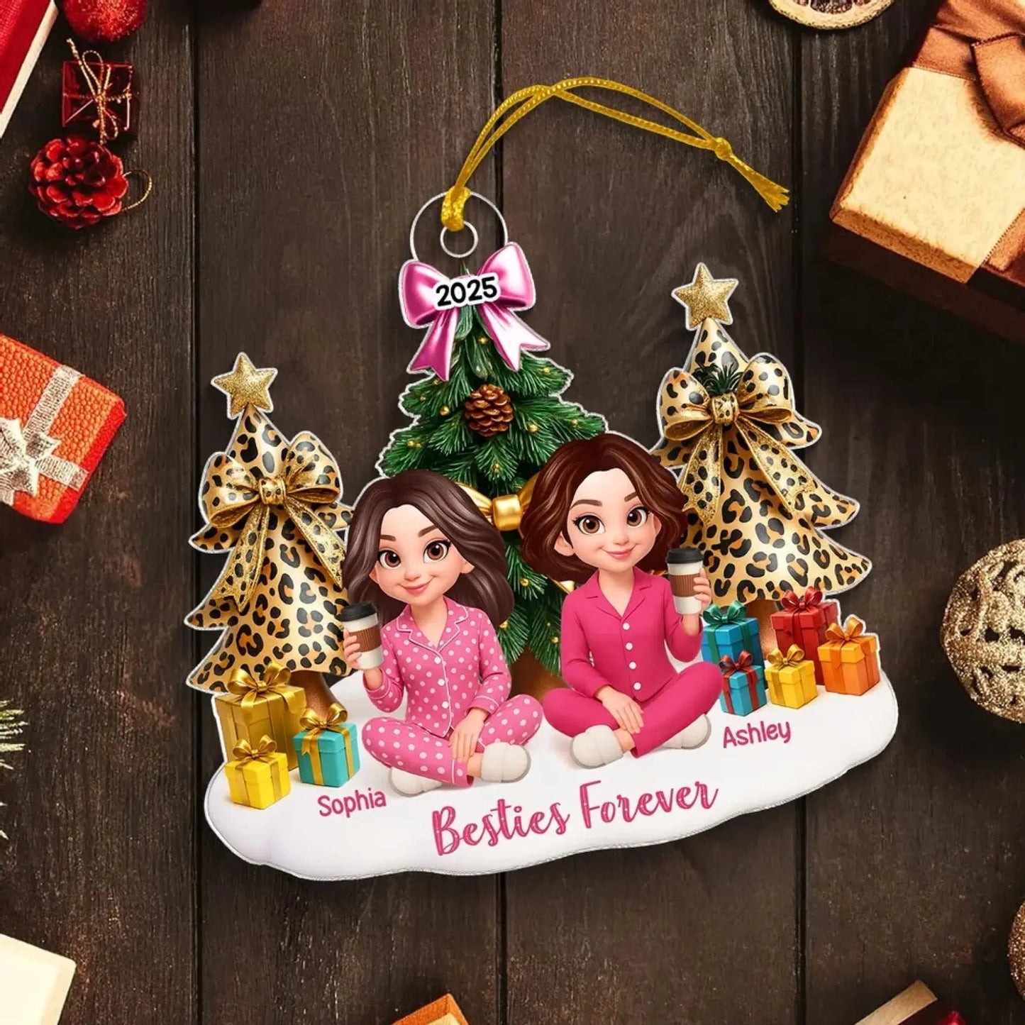 Besties Sitting Around Christmas Tree – Personalized Acrylic Ornament – Fun Holiday Gift for Best Friends, Sisters & Close Friendship Ezcustomize
