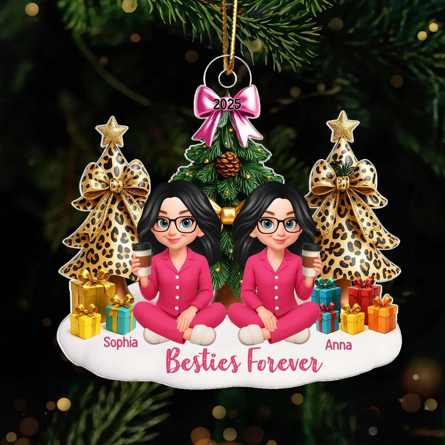 Besties Sitting Around Christmas Tree – Personalized Acrylic Ornament – Fun Holiday Gift for Best Friends, Sisters & Close Friendship Ezcustomize