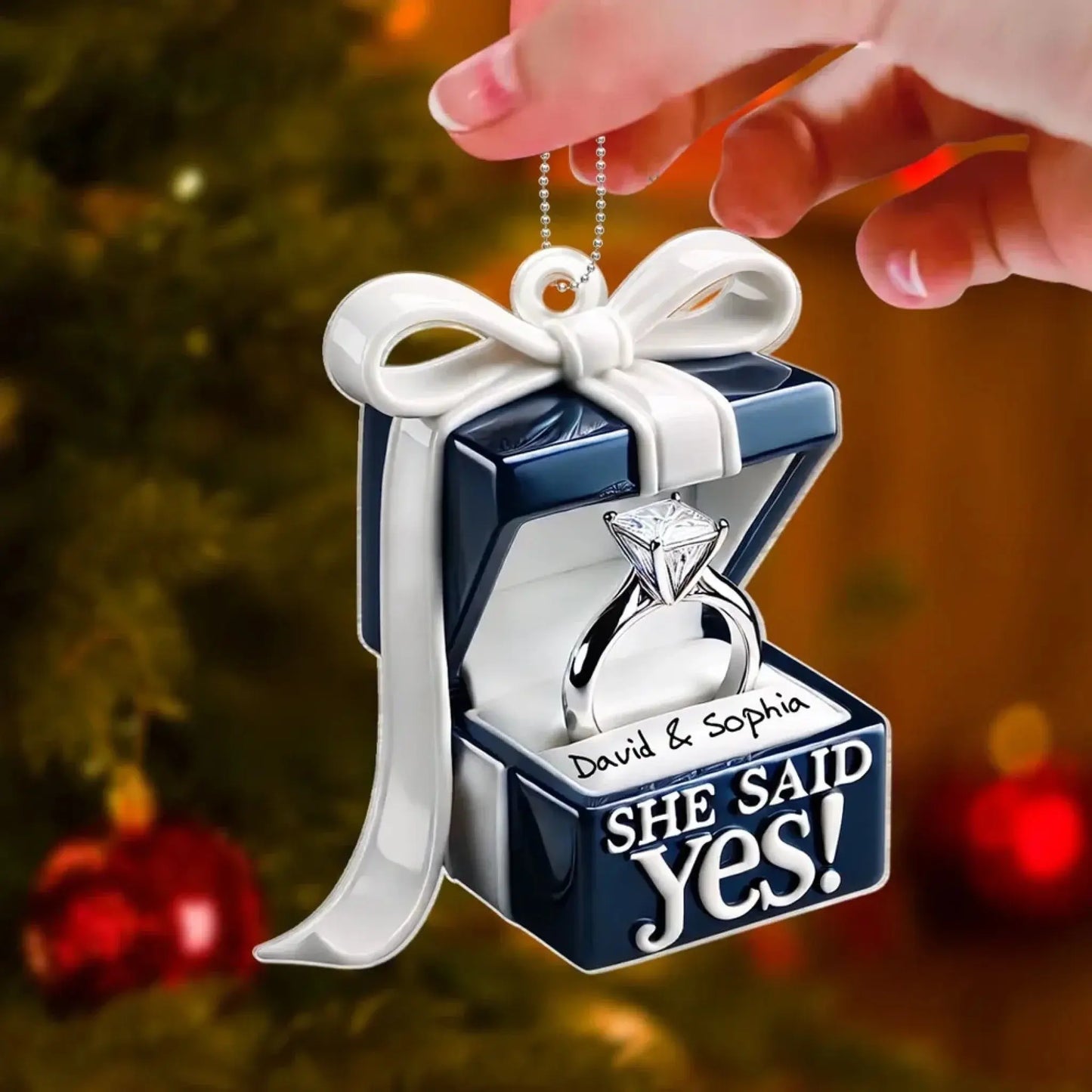 Blue Engagement Ring Box Design – Personalized 2D Flat Acrylic Ornament – Romantic Anniversary Gift for Couples Ezcustomize