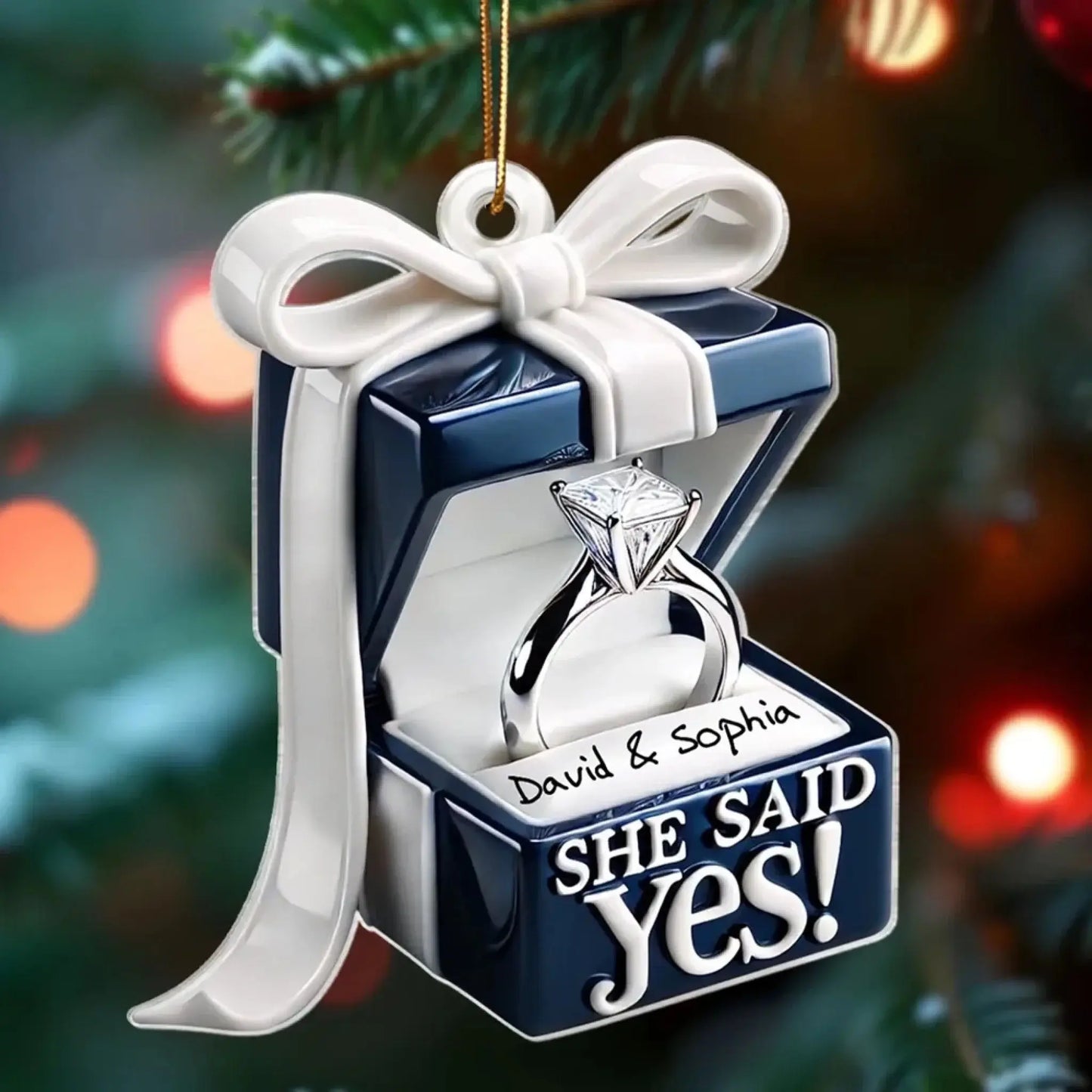 Blue Engagement Ring Box Design – Personalized 2D Flat Acrylic Ornament – Romantic Anniversary Gift for Couples Ezcustomize